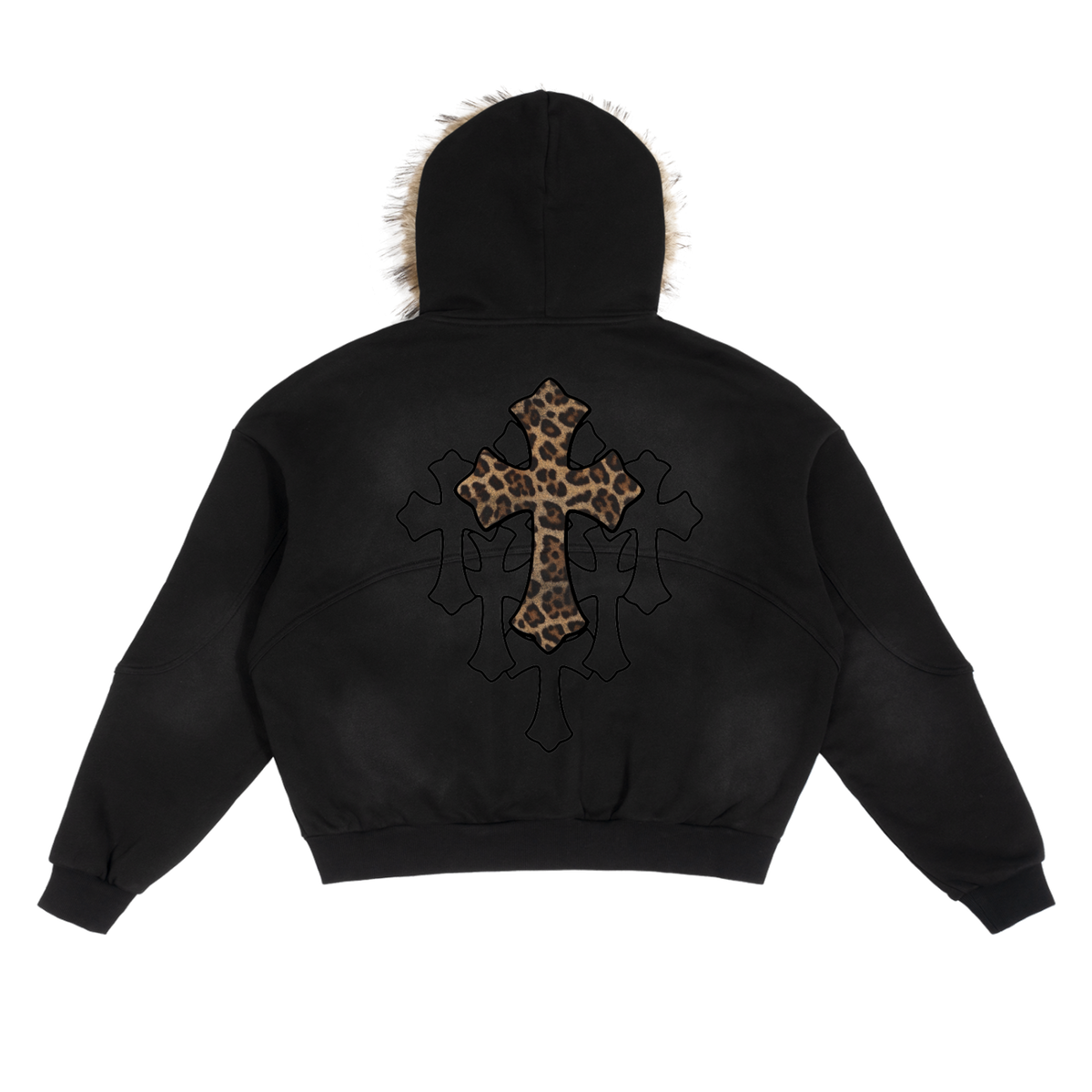 Black Sun Fade Boxy Hoodie With Detachable Fur Hood Cotton 360 GSM DTG Print