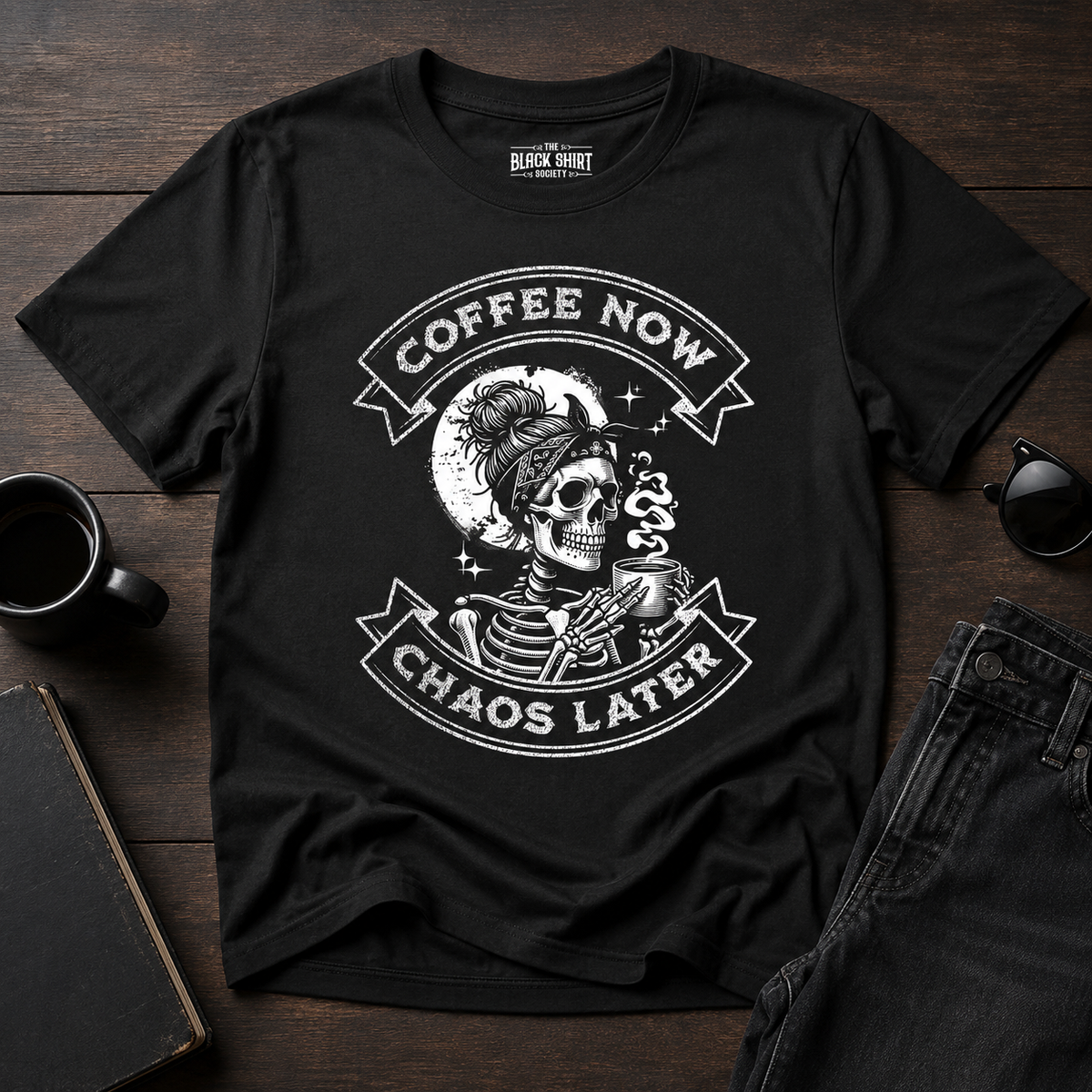 Skeleton Coffee Tee, Gothic Mom Shirt, Dark Humor Graphic, Messy Bun Skeleton