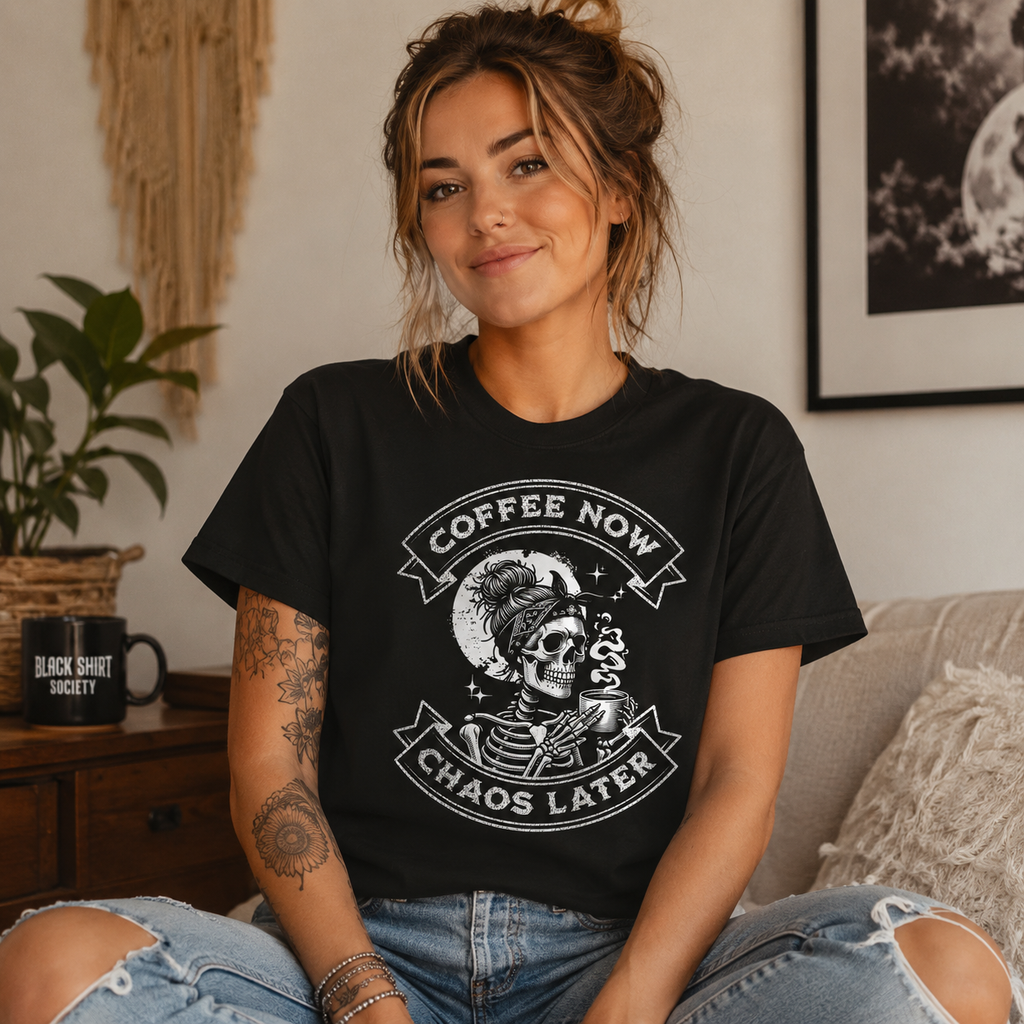 Skeleton Coffee Tee, Gothic Mom Shirt, Dark Humor Graphic, Messy Bun Skeleton