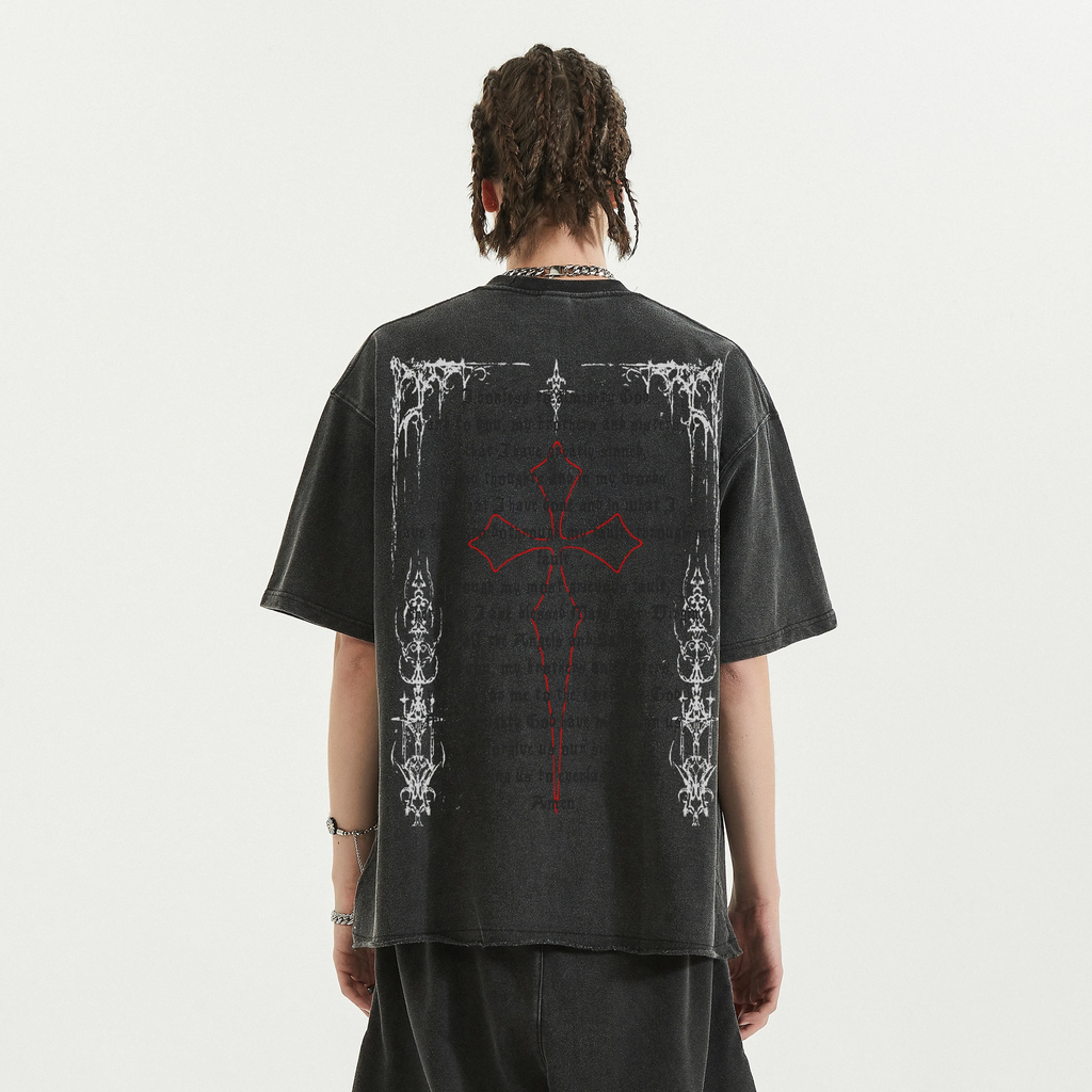 Fallen Angel Garment Dyed Streetwear Tee 260GSM Black Cotton With Faded Raw Hem