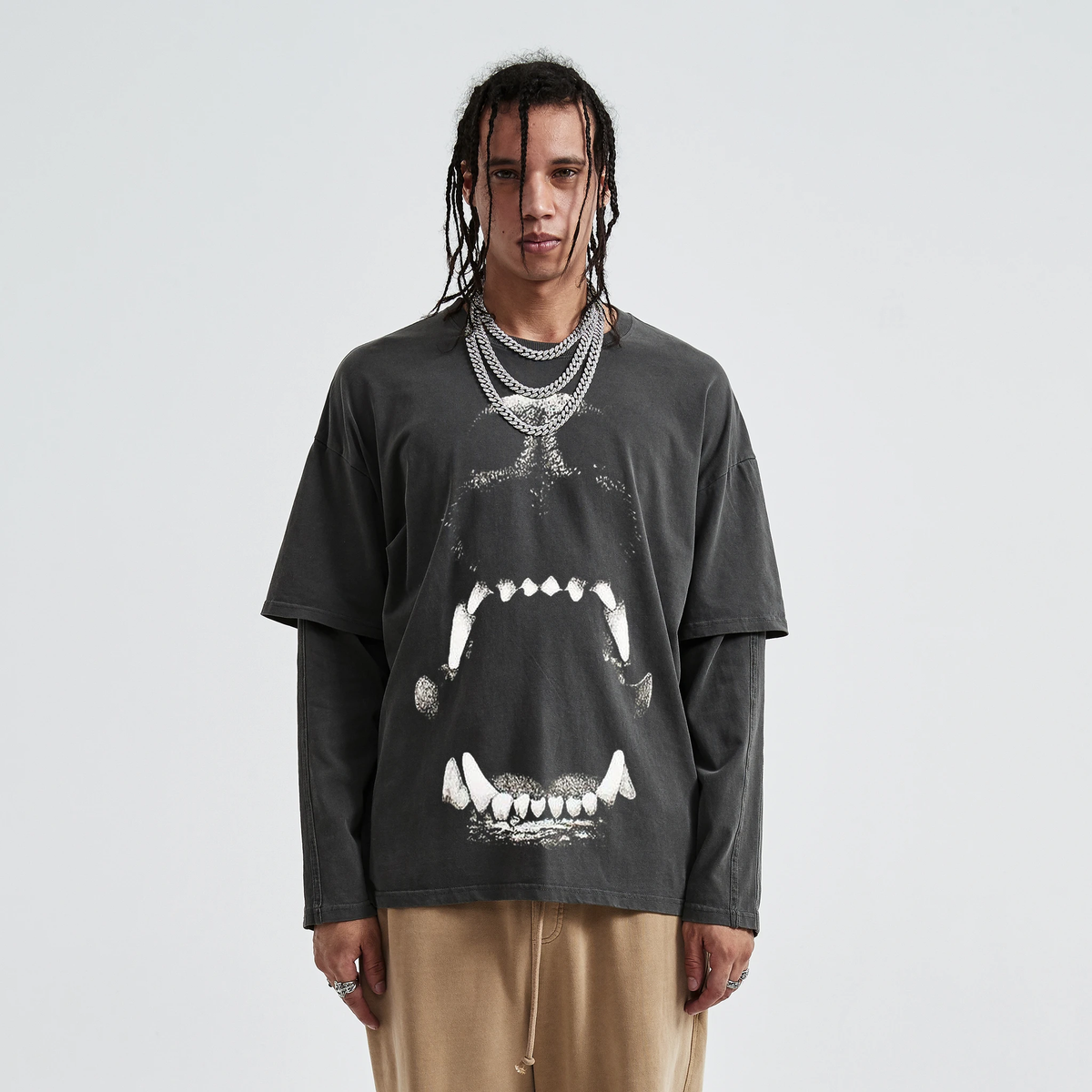 Dog Bite Streetwear Faux Layered Long Sleeve Tee In Faded Dark Grey 230 GSM Durable True To Size