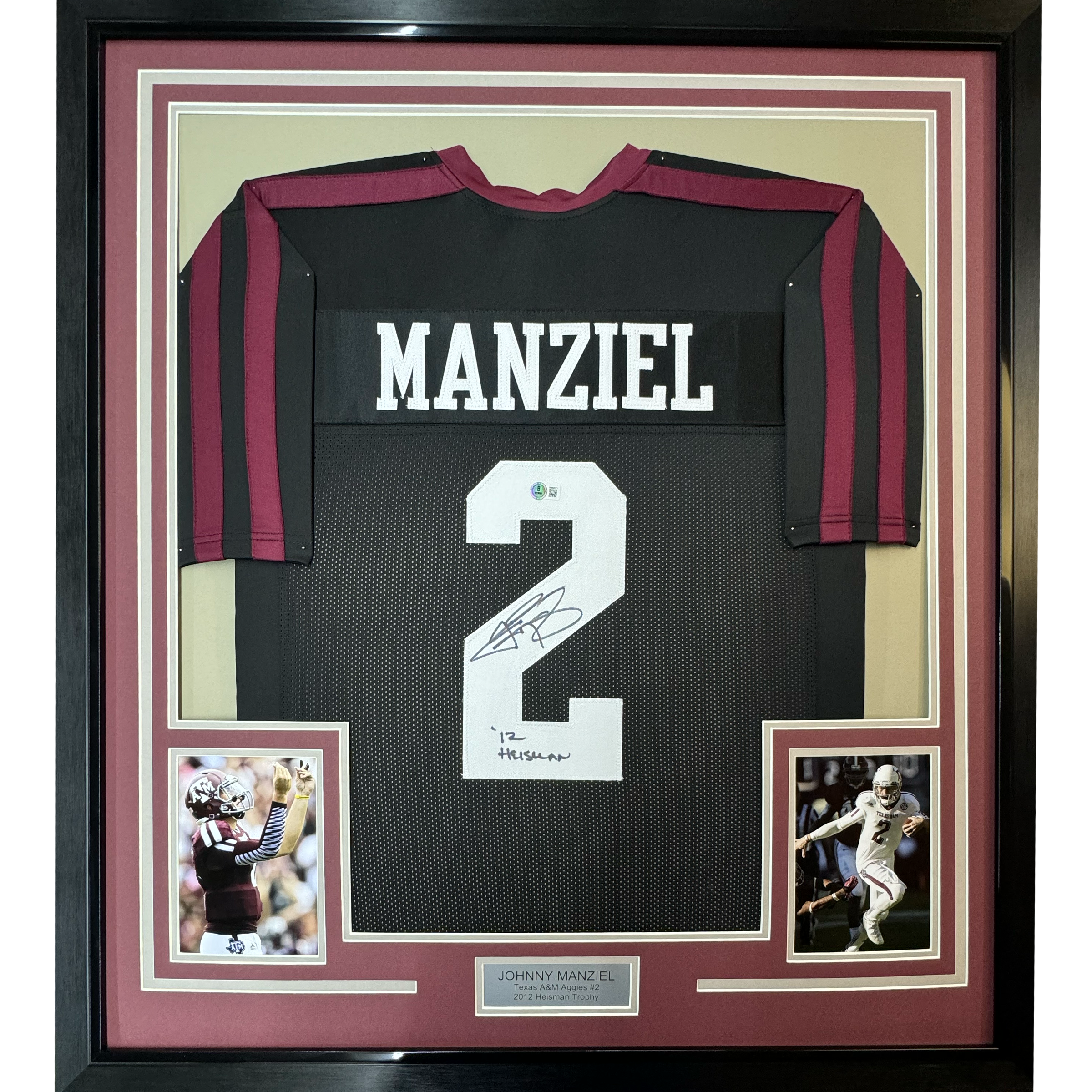 Framed Autographed/Signed Johnny Manziel 12 Heisman 35x39 Texas A&M Black College Football Jersey JSA COA