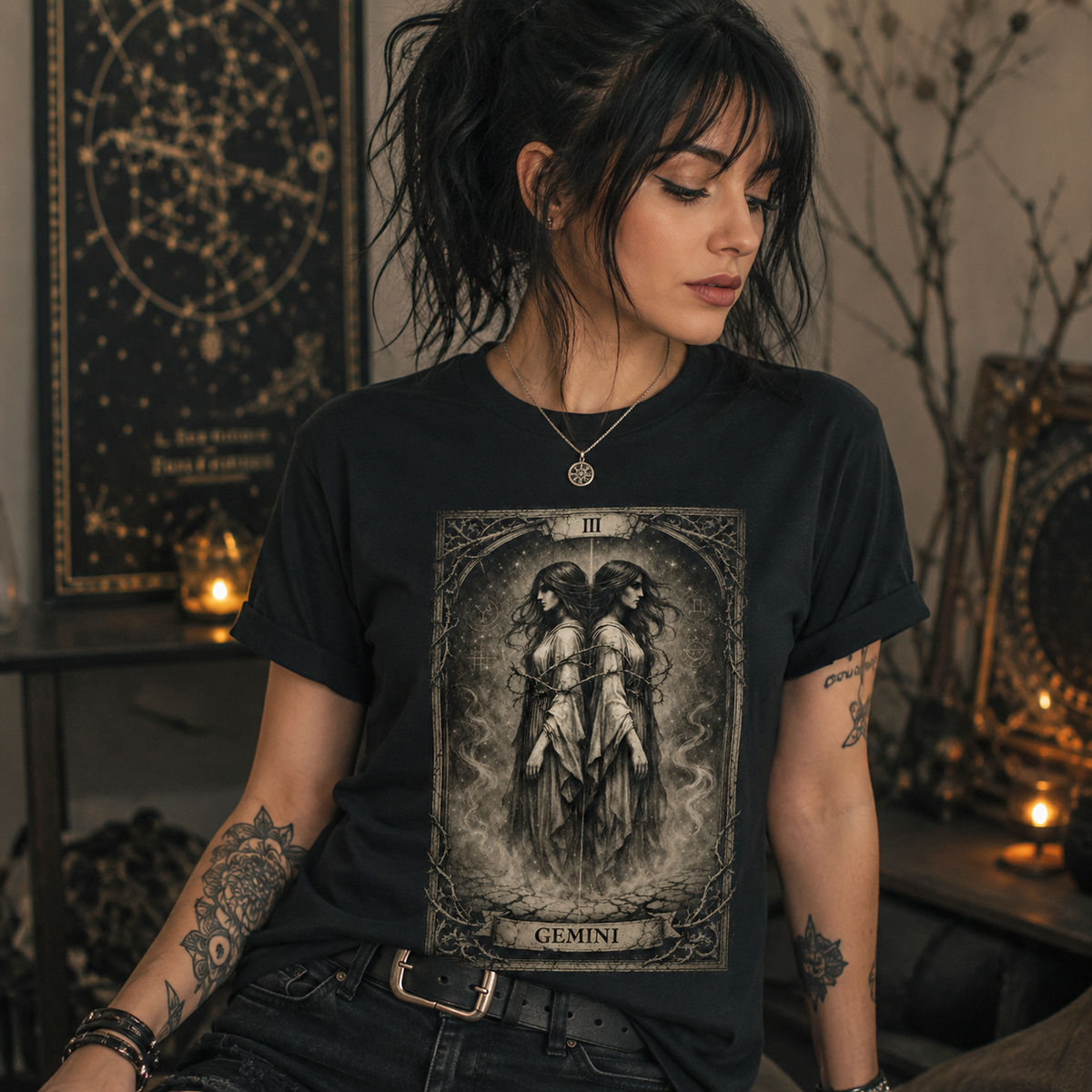 Gemini Tarot Card T-Shirt, Gothic Zodiac Astrology Tee, Victorian Occult Art Apparel