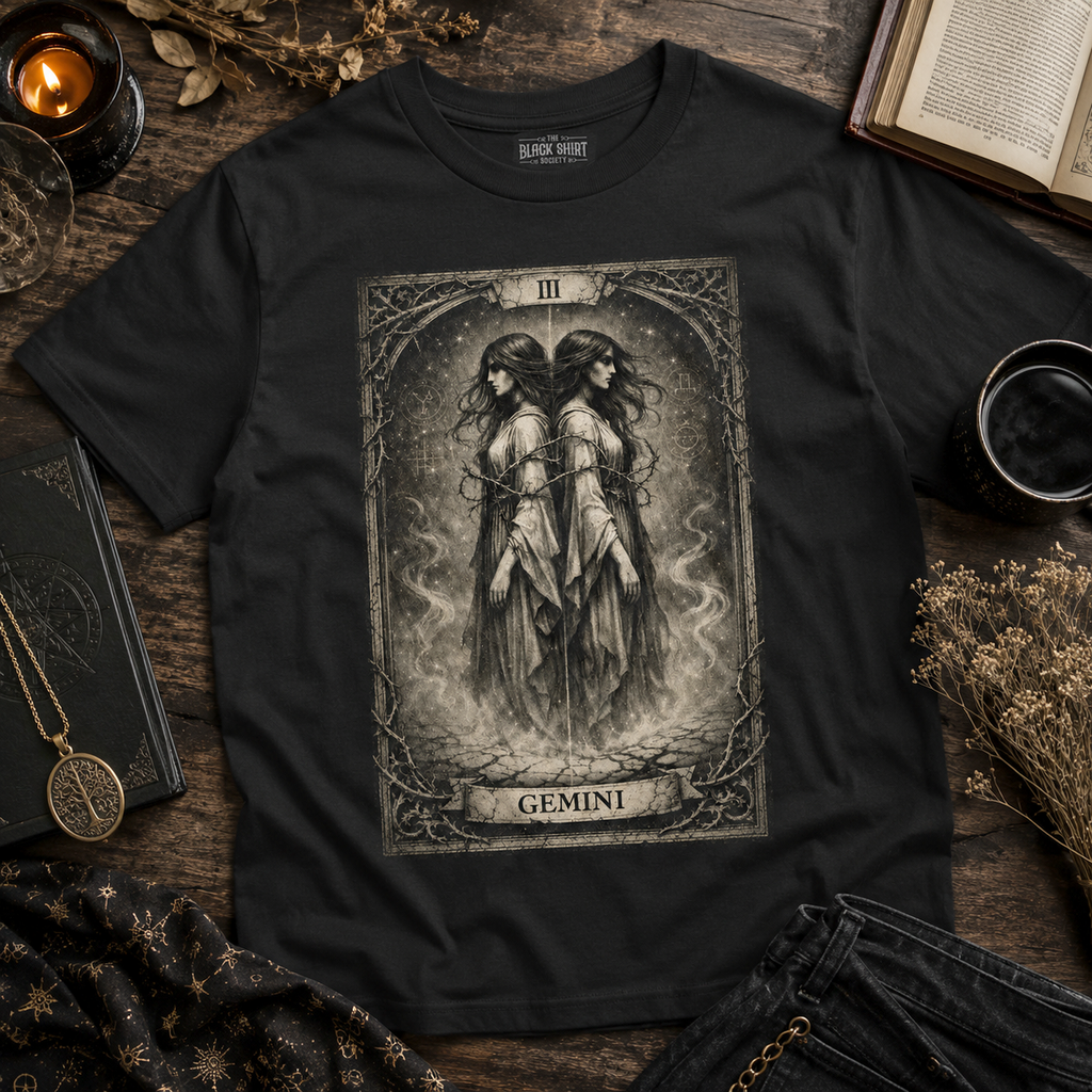 Gemini Tarot Card T-Shirt, Gothic Zodiac Astrology Tee, Victorian Occult Art Apparel