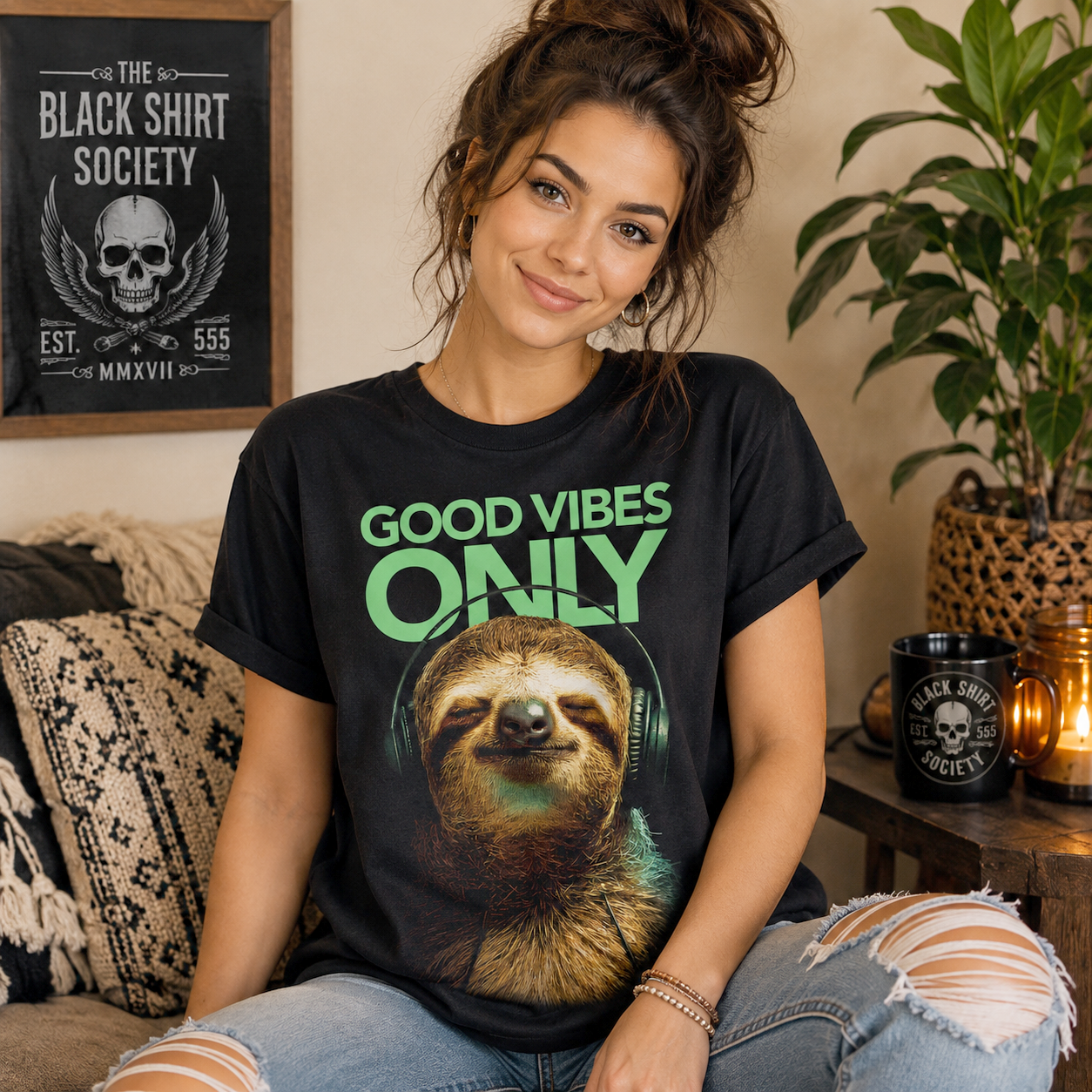 Good Vibes Only Sloth T-Shirt, Relaxed Animal Graphic Tee