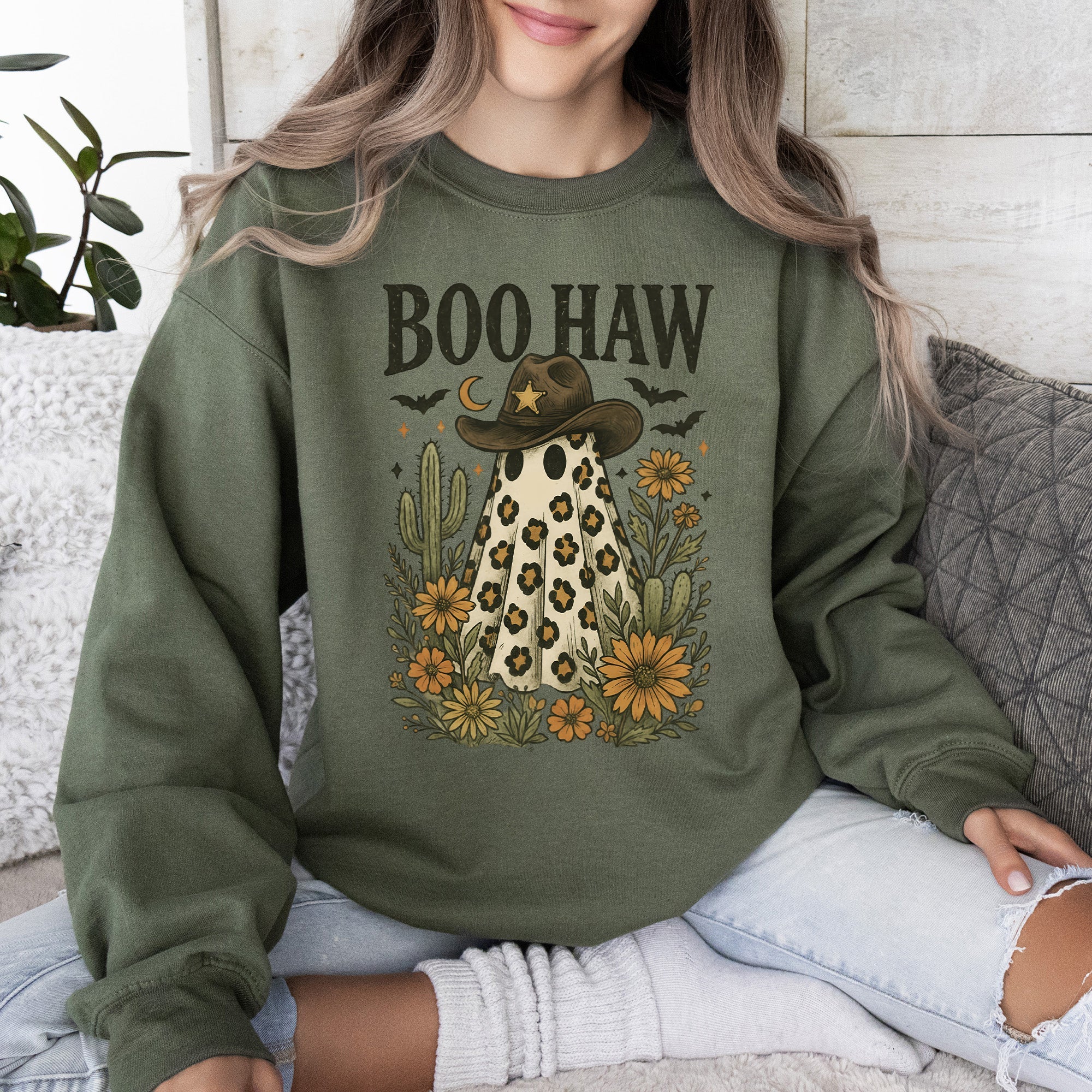 Boo Haw Cowboy Ghost Western Halloween Retro Vintage Spooky Costume Fall Graphic Sweatshirt