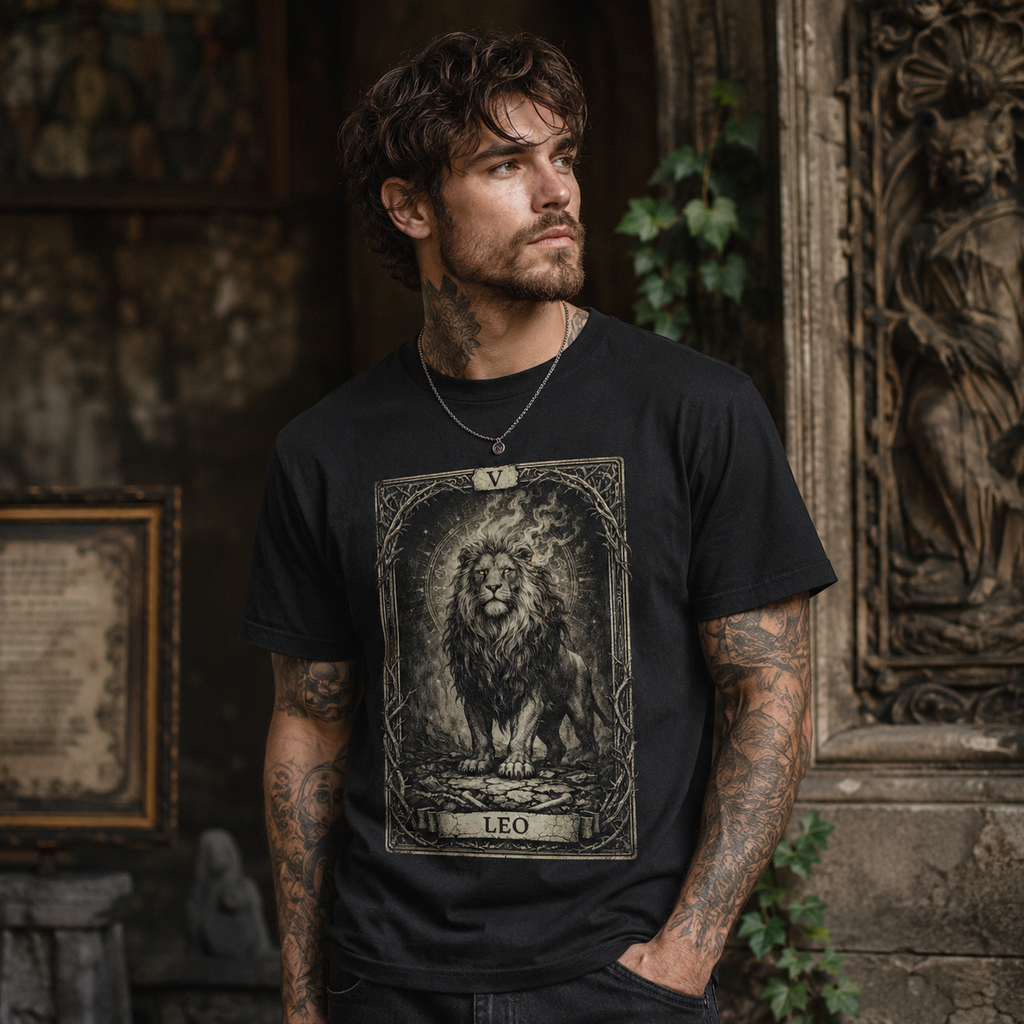 Leo Tarot Card T-Shirt, Vintage Lion Zodiac Graphic Tee, Occult Astrology Apparel