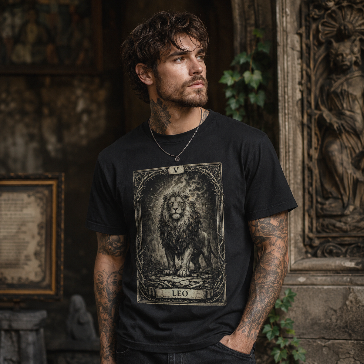 Leo Tarot Card T-Shirt, Vintage Lion Zodiac Graphic Tee, Occult Astrology Apparel