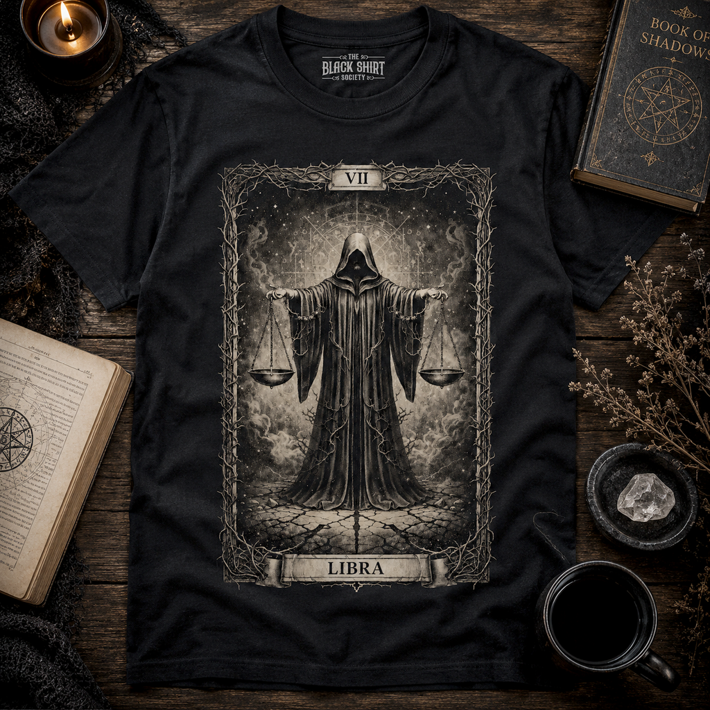 Libra Tarot Card T-Shirt, Gothic Astrology Scales Graphic Tee, Mystic Celestial Shirt