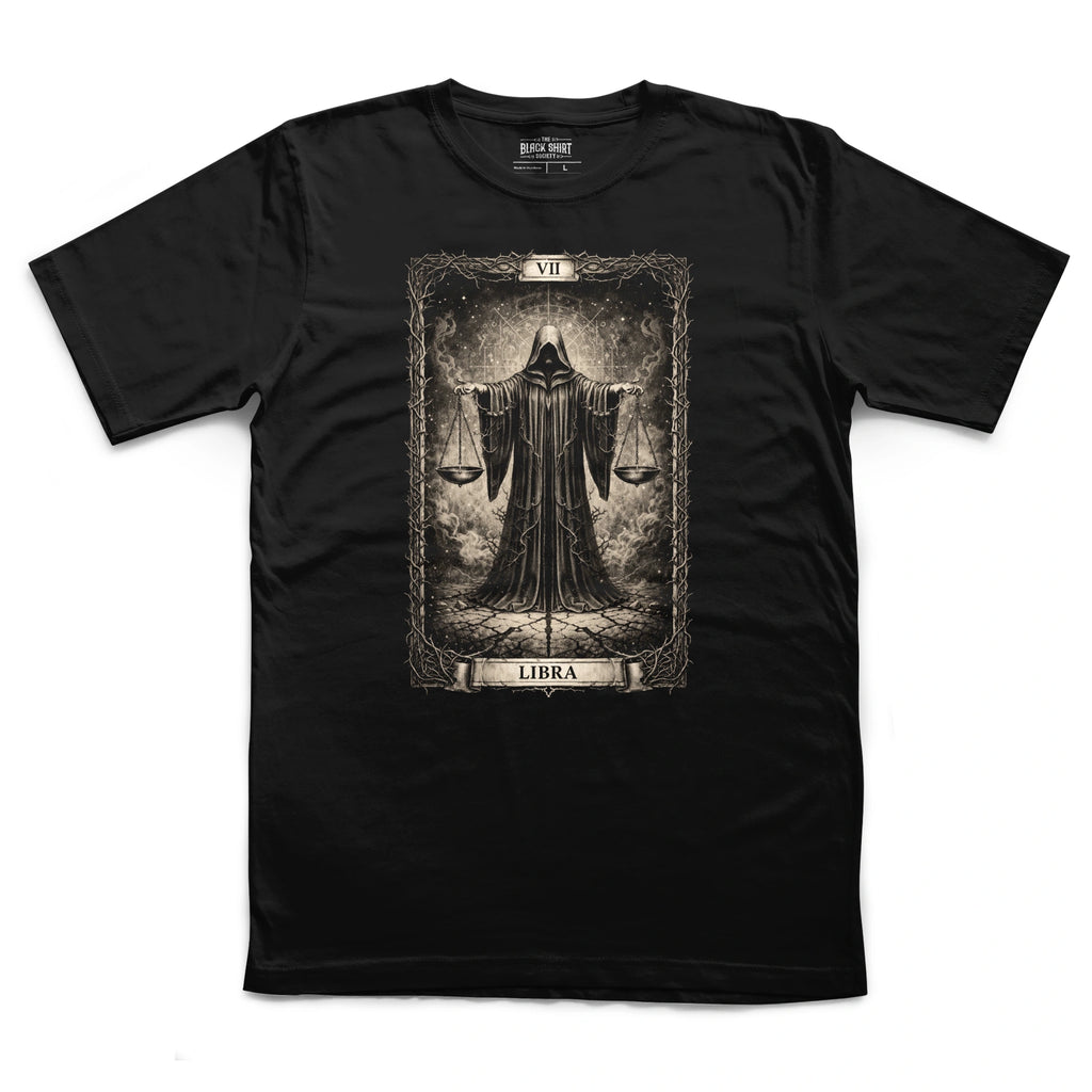 Libra Tarot Card T-Shirt, Gothic Astrology Scales Graphic Tee, Mystic Celestial Shirt