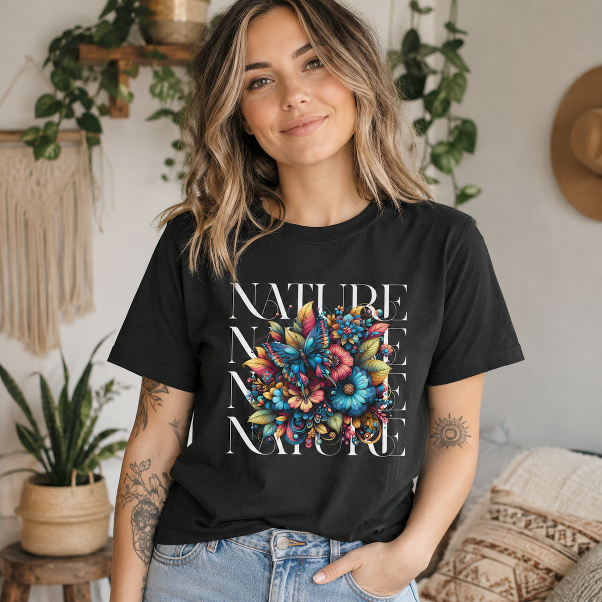 Nature Floral Butterfly Graphic T-Shirt | Colorful Botanical Nature Lover Shirt | Cottagecore Wildflower Tee | Gift for Gardeners