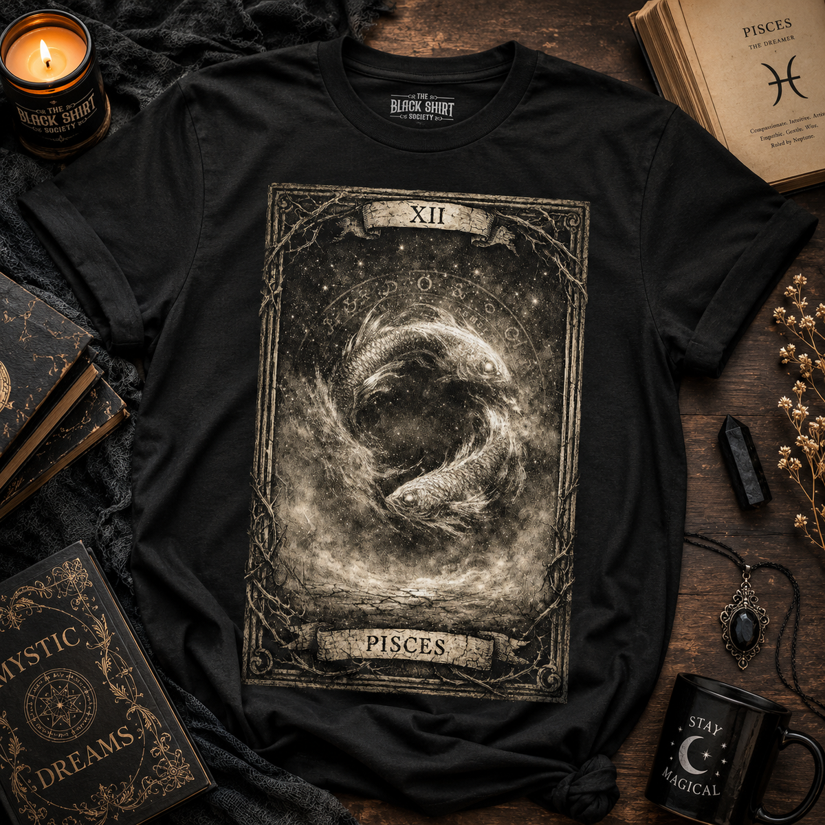 Pisces Tarot Card T-Shirt, Vintage Zodiac Astrology Tee, Celestial Gothic Graphic Shirt