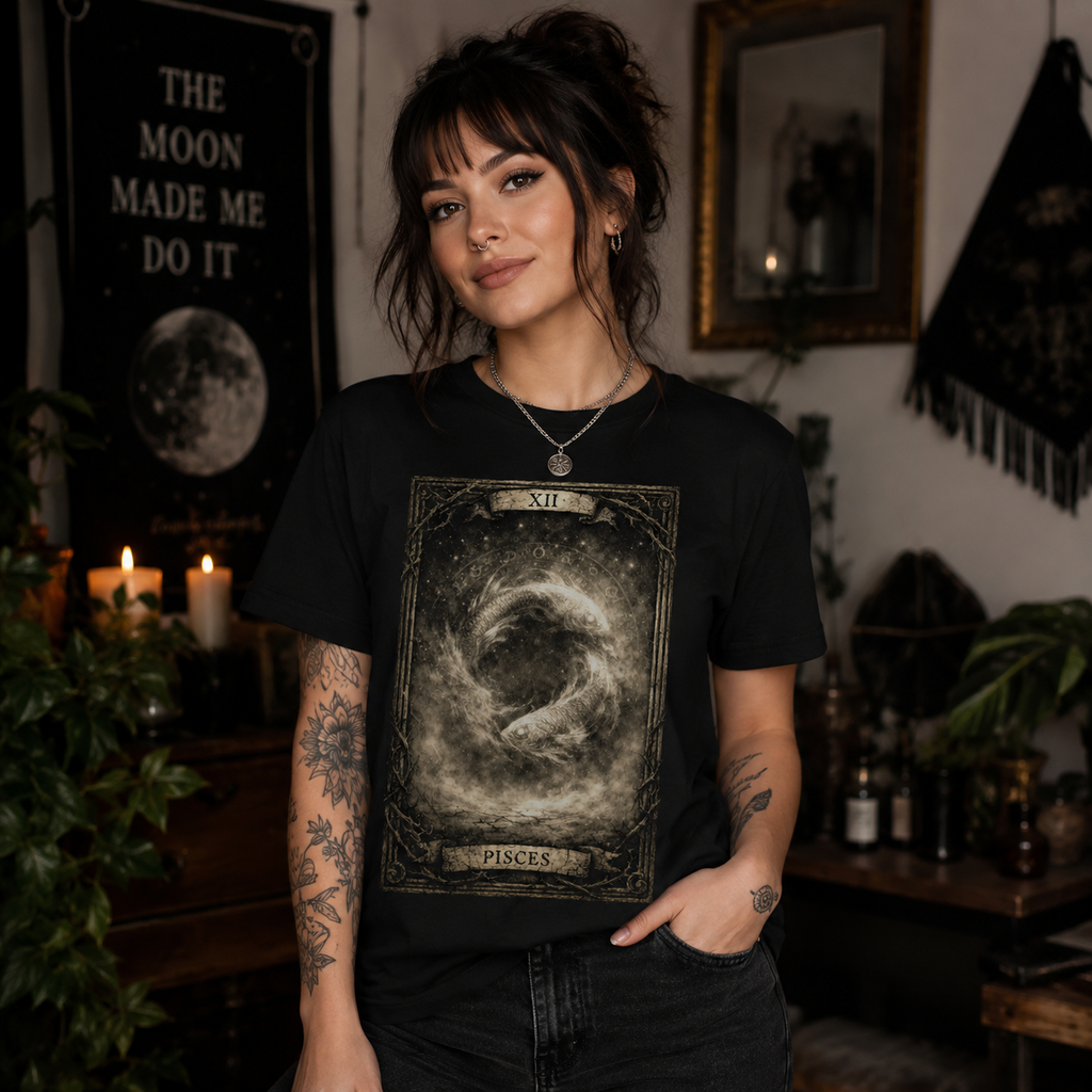 Pisces Tarot Card T-Shirt, Vintage Zodiac Astrology Tee, Celestial Gothic Graphic Shirt