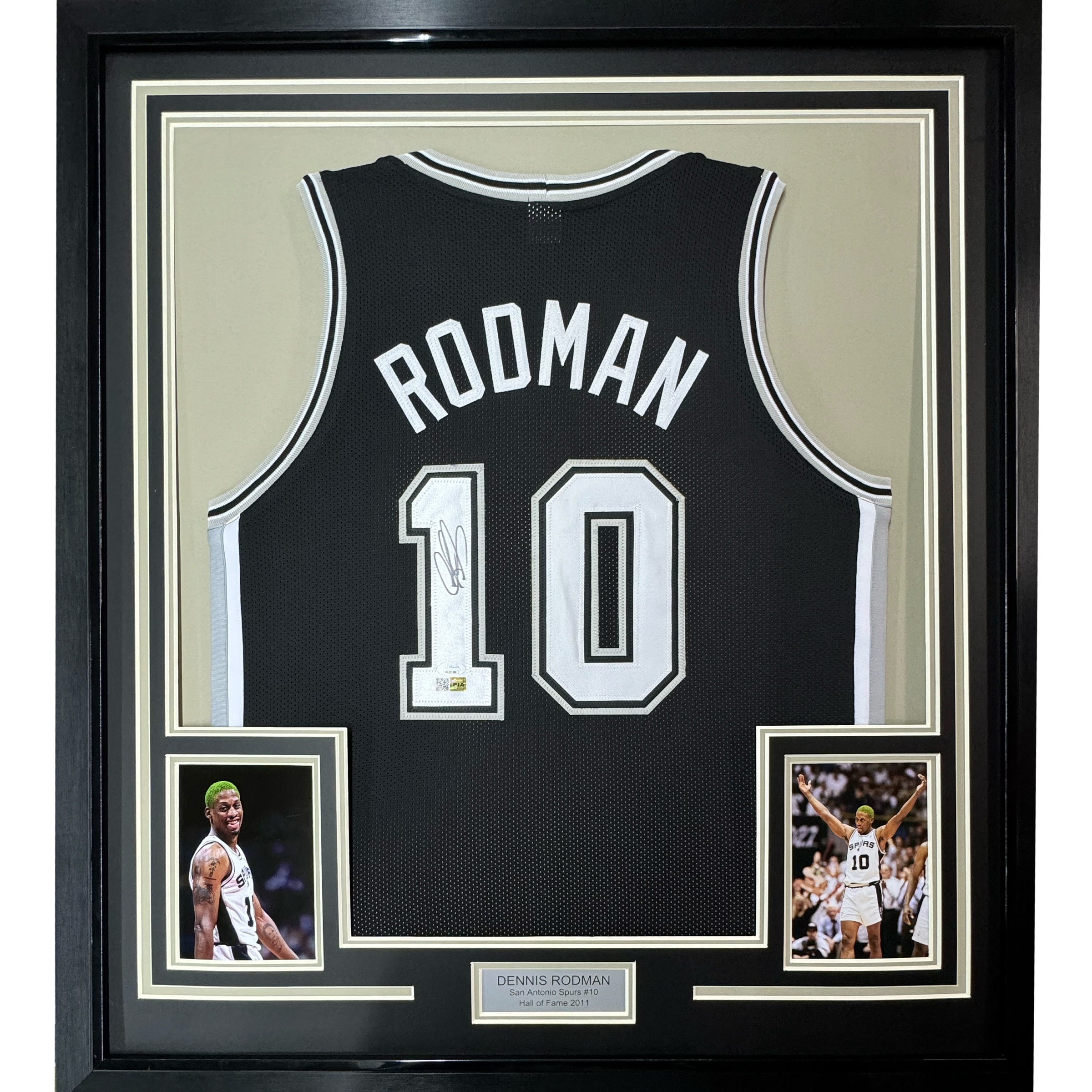 Framed Autographed/Signed Dennis Rodman 35x39 San Antonio Black Basketball Jersey PSA/DNA COA