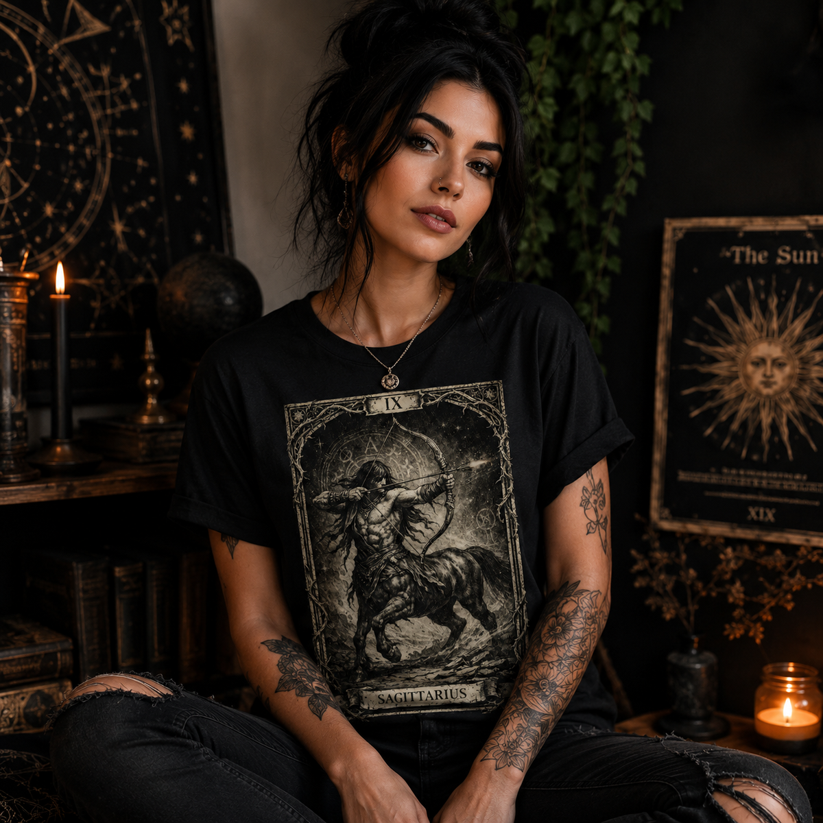 Sagittarius Tarot Card T-Shirt, Gothic Astrology Archer Graphic Tee