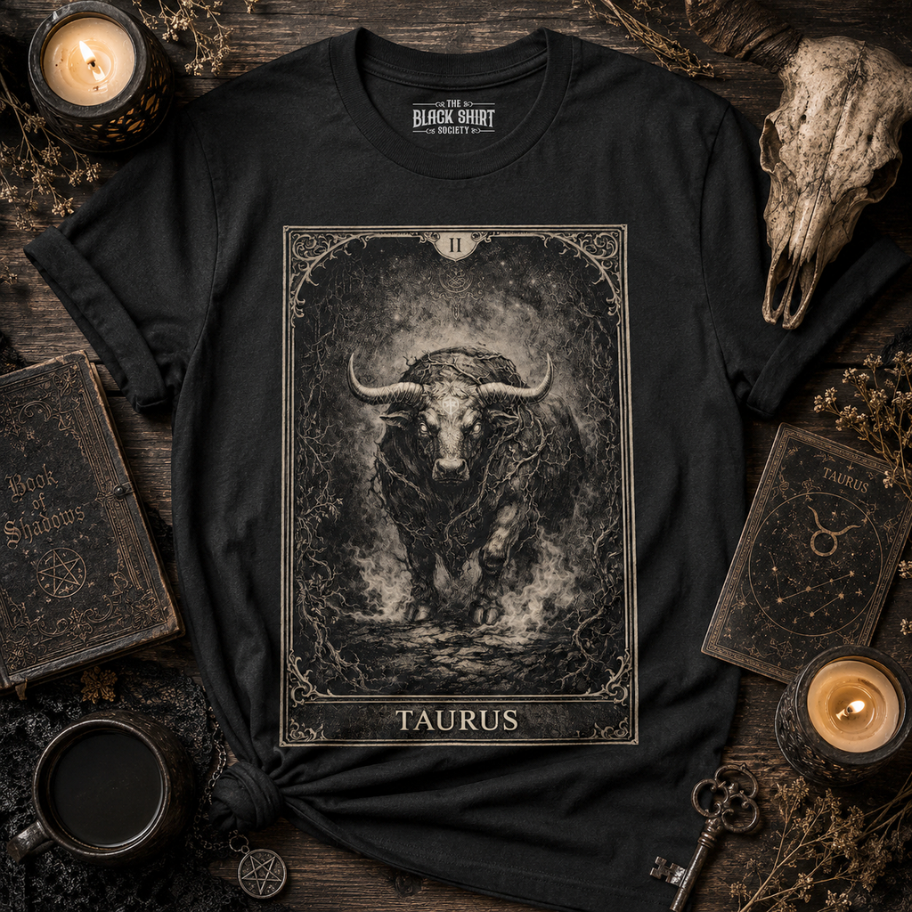 Taurus Tarot Card T-Shirt, Gothic Zodiac Bull Graphic, Dark Astrology Tee