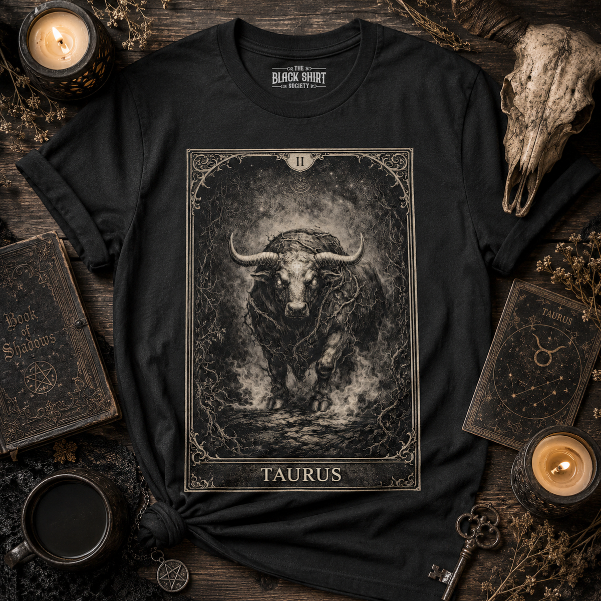 Taurus Tarot Card T-Shirt, Gothic Zodiac Bull Graphic, Dark Astrology Tee