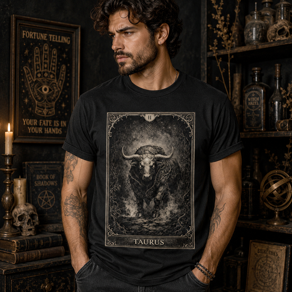 Taurus Tarot Card T-Shirt, Gothic Zodiac Bull Graphic, Dark Astrology Tee