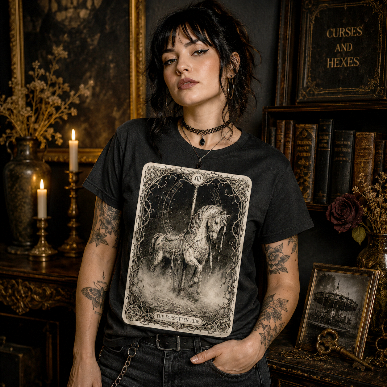 The Forgotten Ride | Gothic Carousel Horse T-Shirt | Victorian Tarot Graphic Tee | Dark Fantasy Apparel