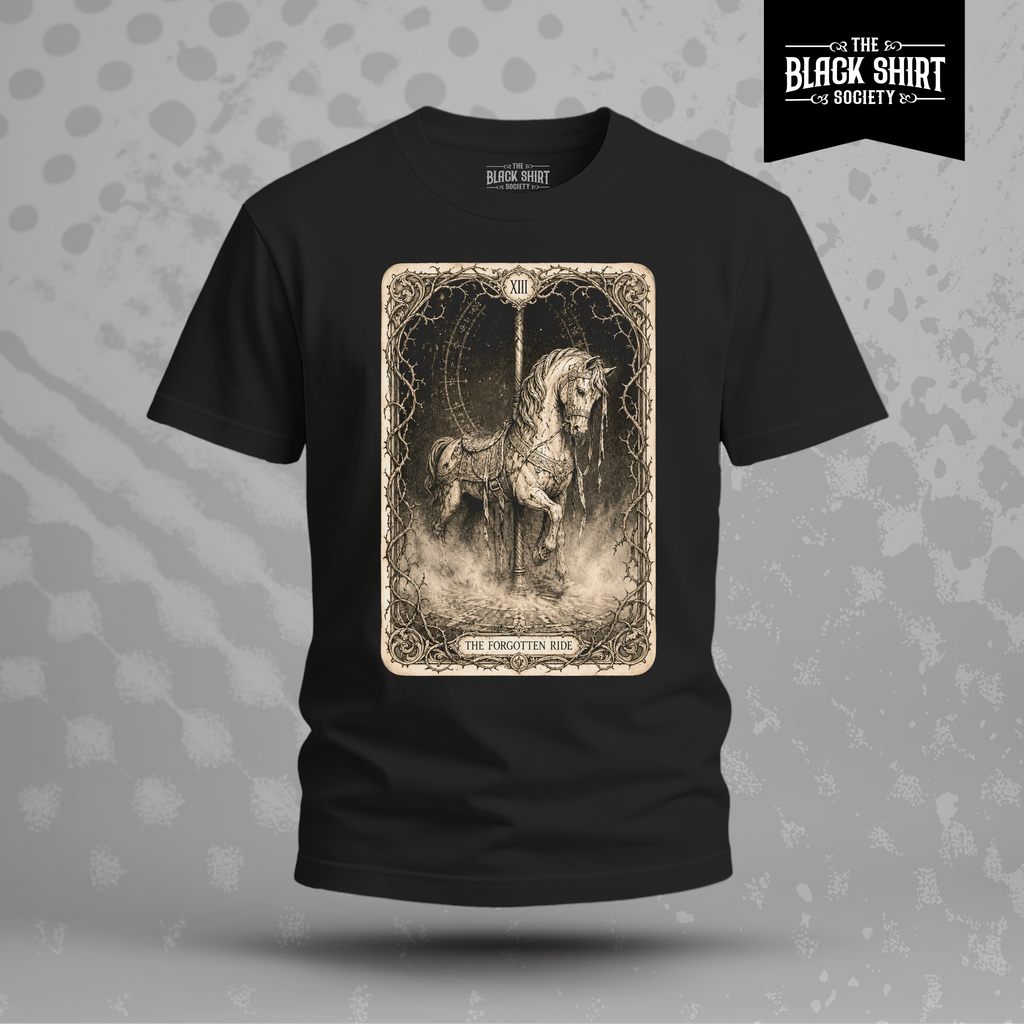 The Forgotten Ride | Gothic Carousel Horse T-Shirt | Victorian Tarot Graphic Tee | Dark Fantasy Apparel
