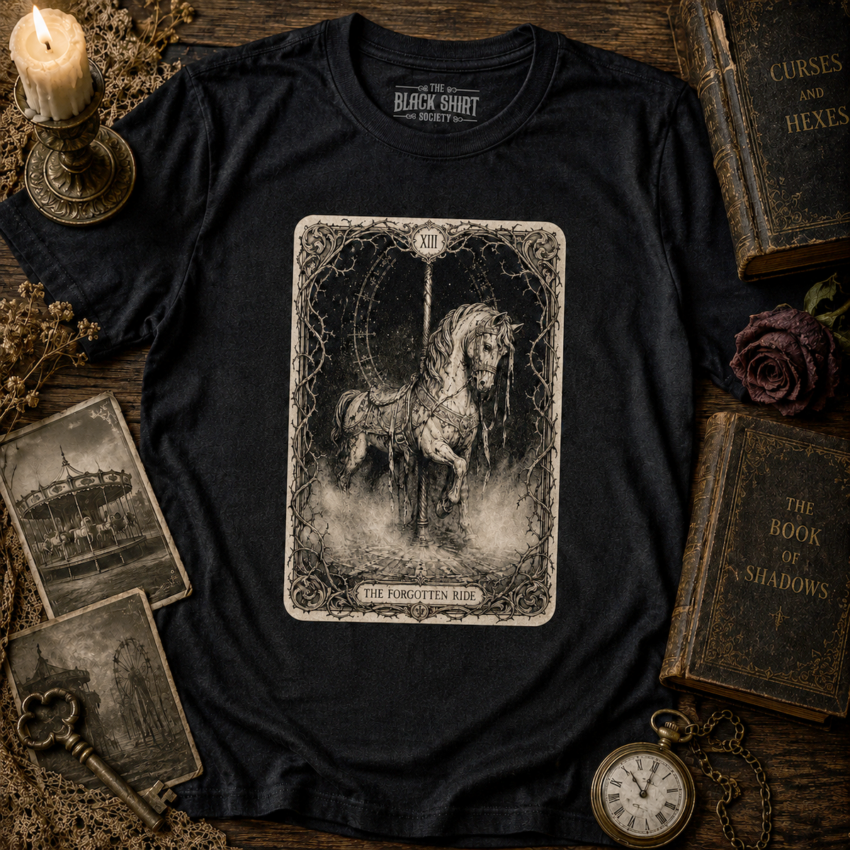 The Forgotten Ride | Gothic Carousel Horse T-Shirt | Victorian Tarot Graphic Tee | Dark Fantasy Apparel