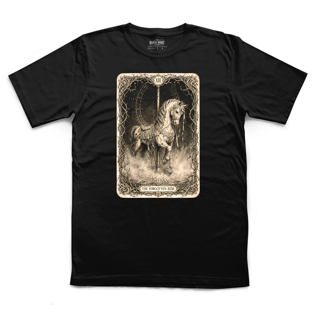 The Forgotten Ride | Gothic Carousel Horse T-Shirt | Victorian Tarot Graphic Tee | Dark Fantasy Apparel