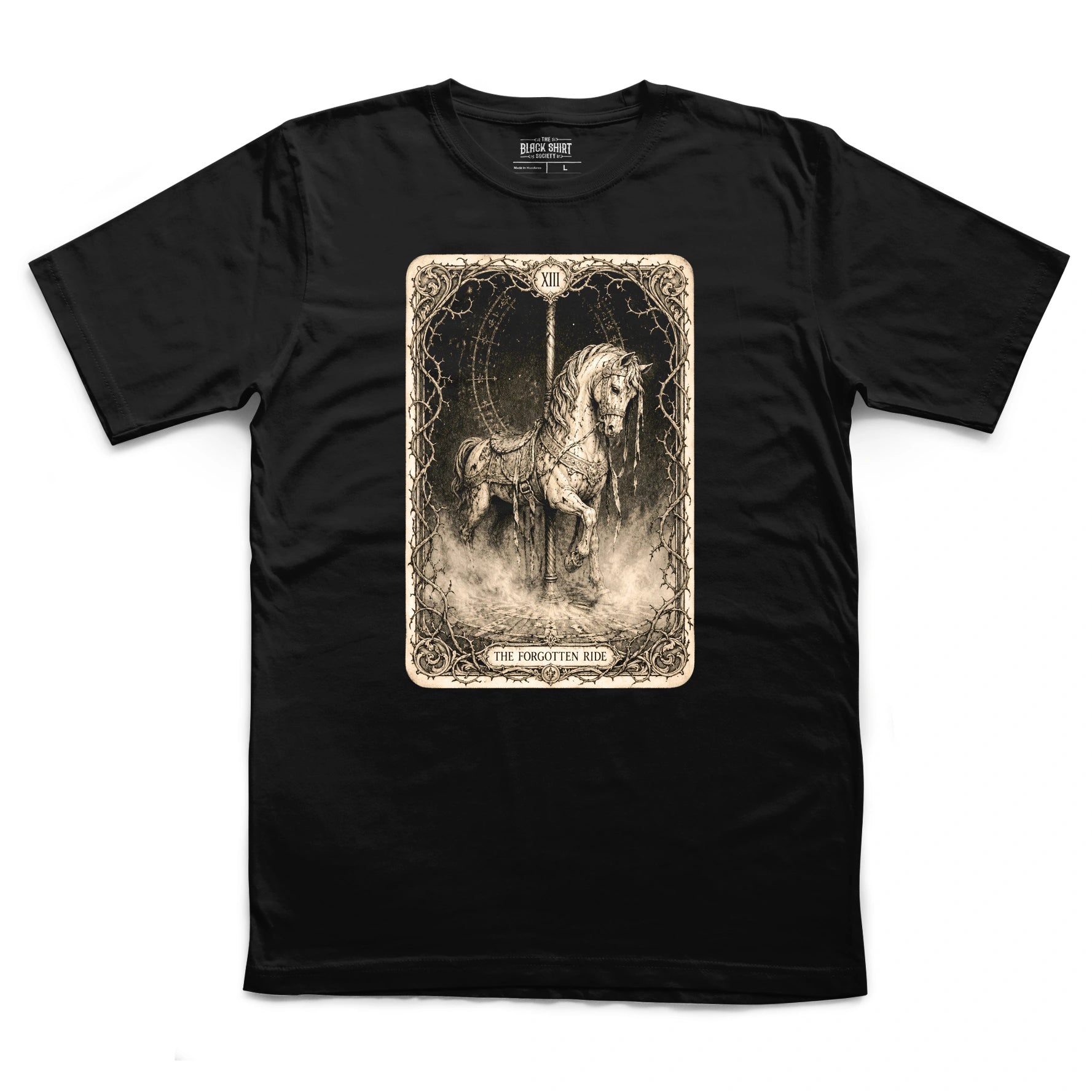 The Forgotten Ride | Gothic Carousel Horse T-Shirt | Victorian Tarot Graphic Tee | Dark Fantasy Apparel