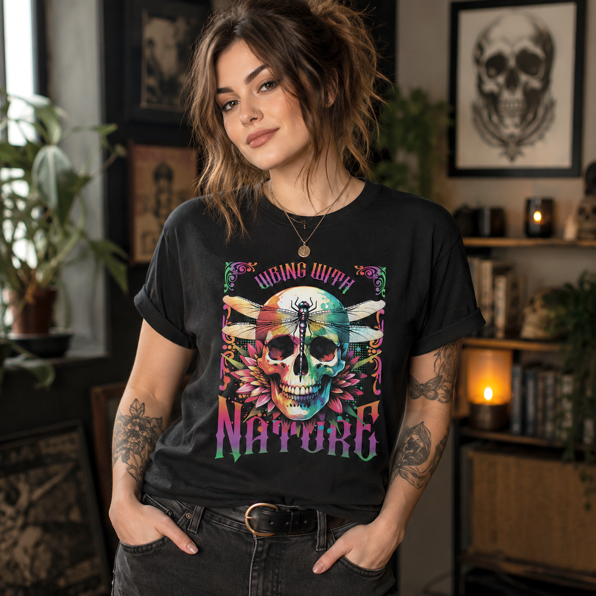 Vibing With Nature Skull Dragonfly T-Shirt, Colorful Gothic Nature Tee, Psychedelic Skull Shirt, Alternative Graphic Tee, Cottagecore Goth