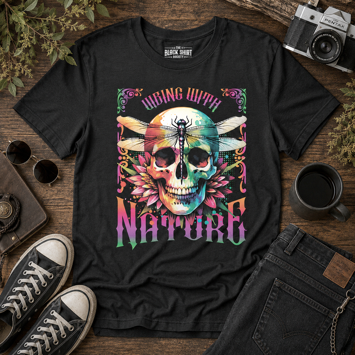 Vibing With Nature Skull Dragonfly T-Shirt, Colorful Gothic Nature Tee, Psychedelic Skull Shirt, Alternative Graphic Tee, Cottagecore Goth