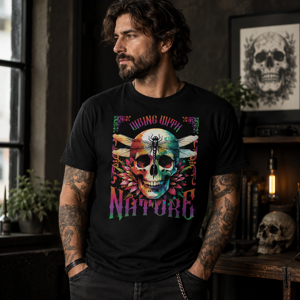 Vibing With Nature Skull Dragonfly T-Shirt, Colorful Gothic Nature Tee, Psychedelic Skull Shirt, Alternative Graphic Tee, Cottagecore Goth