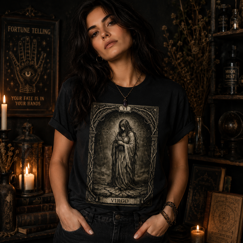 Virgo Tarot Card T-Shirt, Gothic Zodiac Astrology Tee, Vintage Occult Maiden Shirt