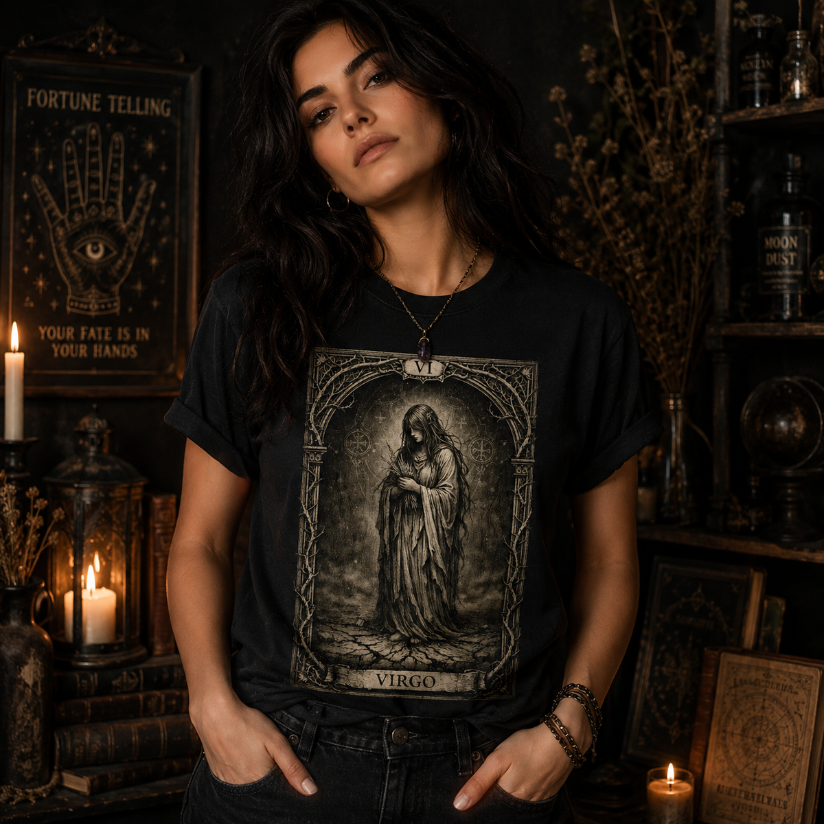 Virgo Tarot Card T-Shirt, Gothic Zodiac Astrology Tee, Vintage Occult Maiden Shirt