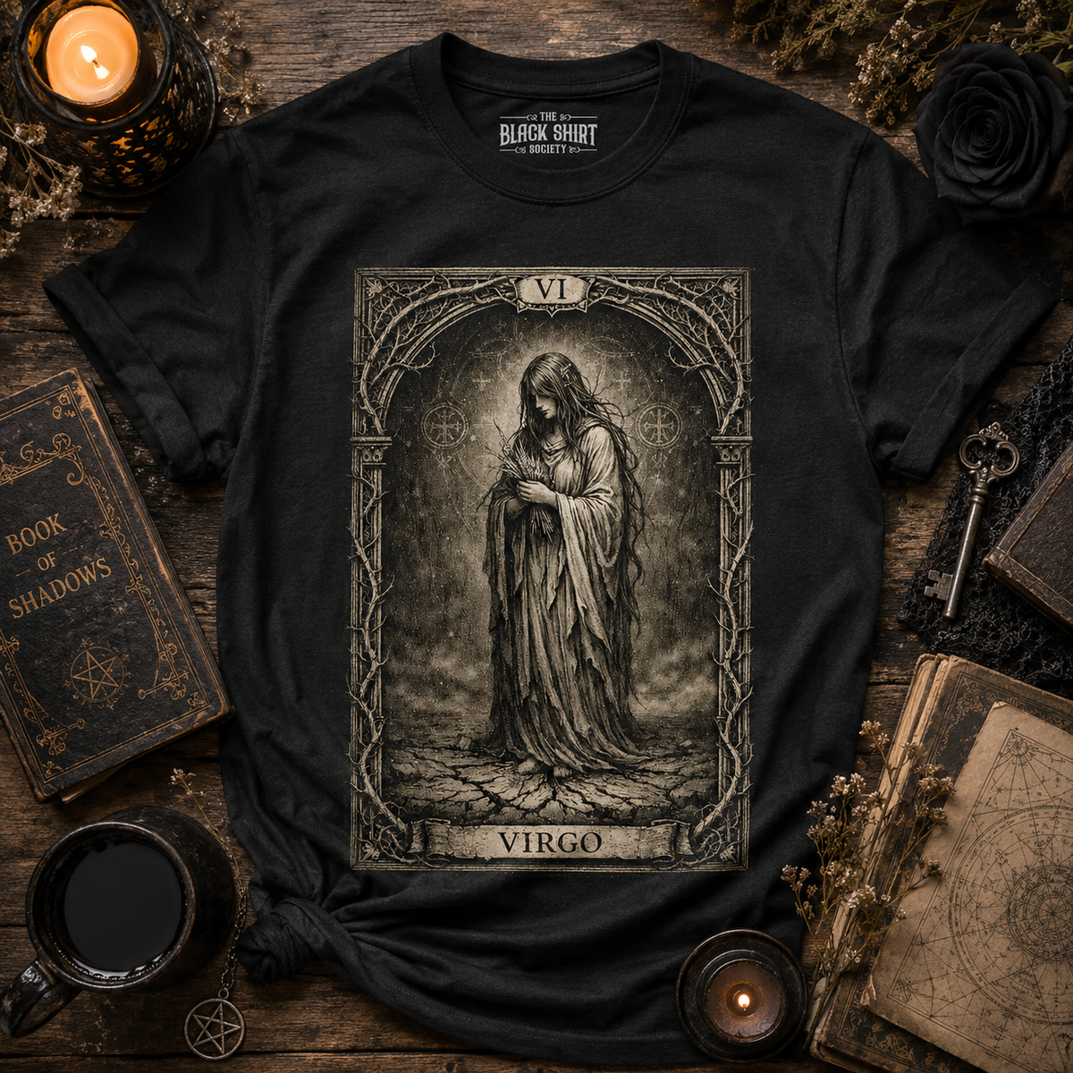 Virgo Tarot Card T-Shirt, Gothic Zodiac Astrology Tee, Vintage Occult Maiden Shirt