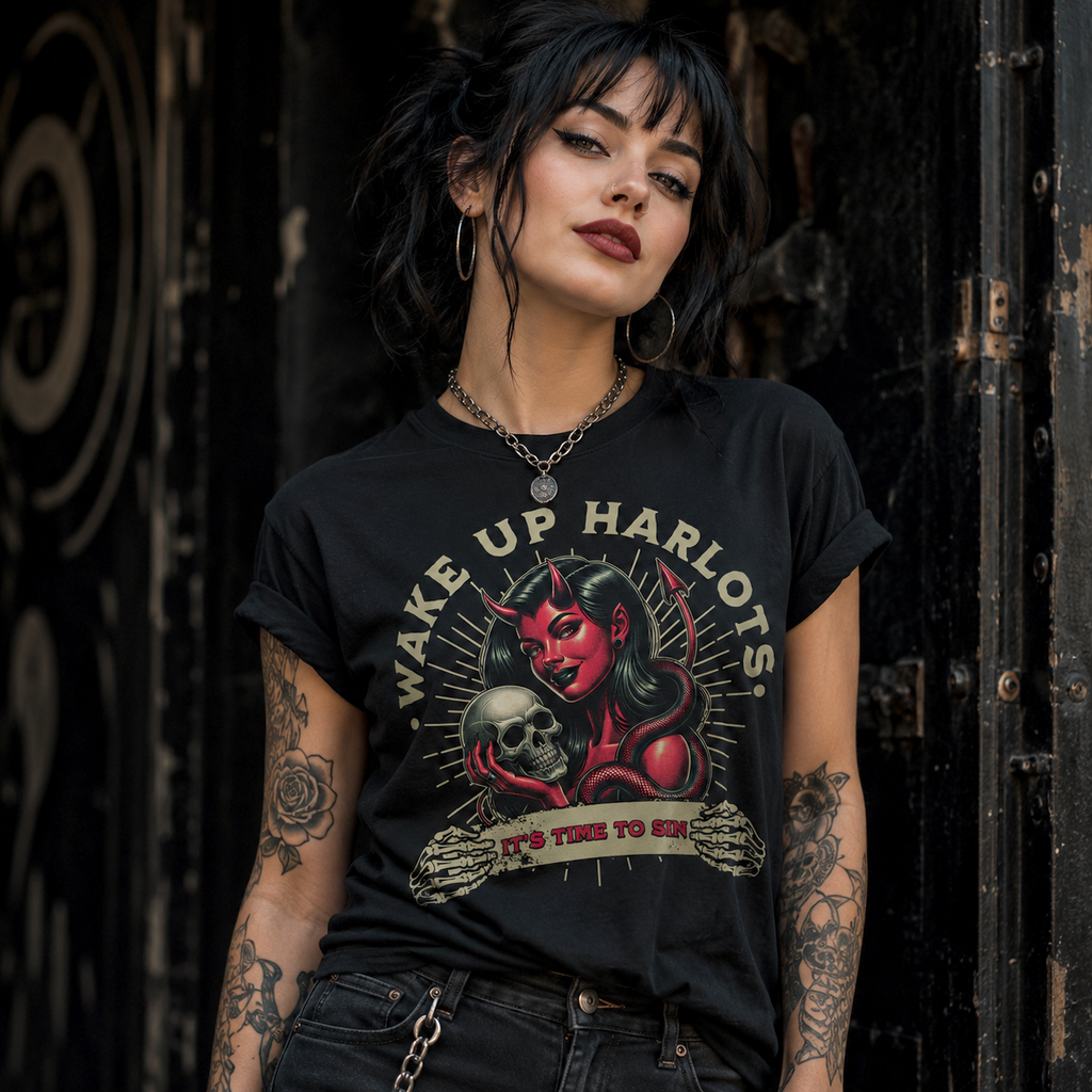 Gothic Devil Girl Skull T-Shirt, Pin Up Dark Humor Tee, Alternative Streetwear Apparel