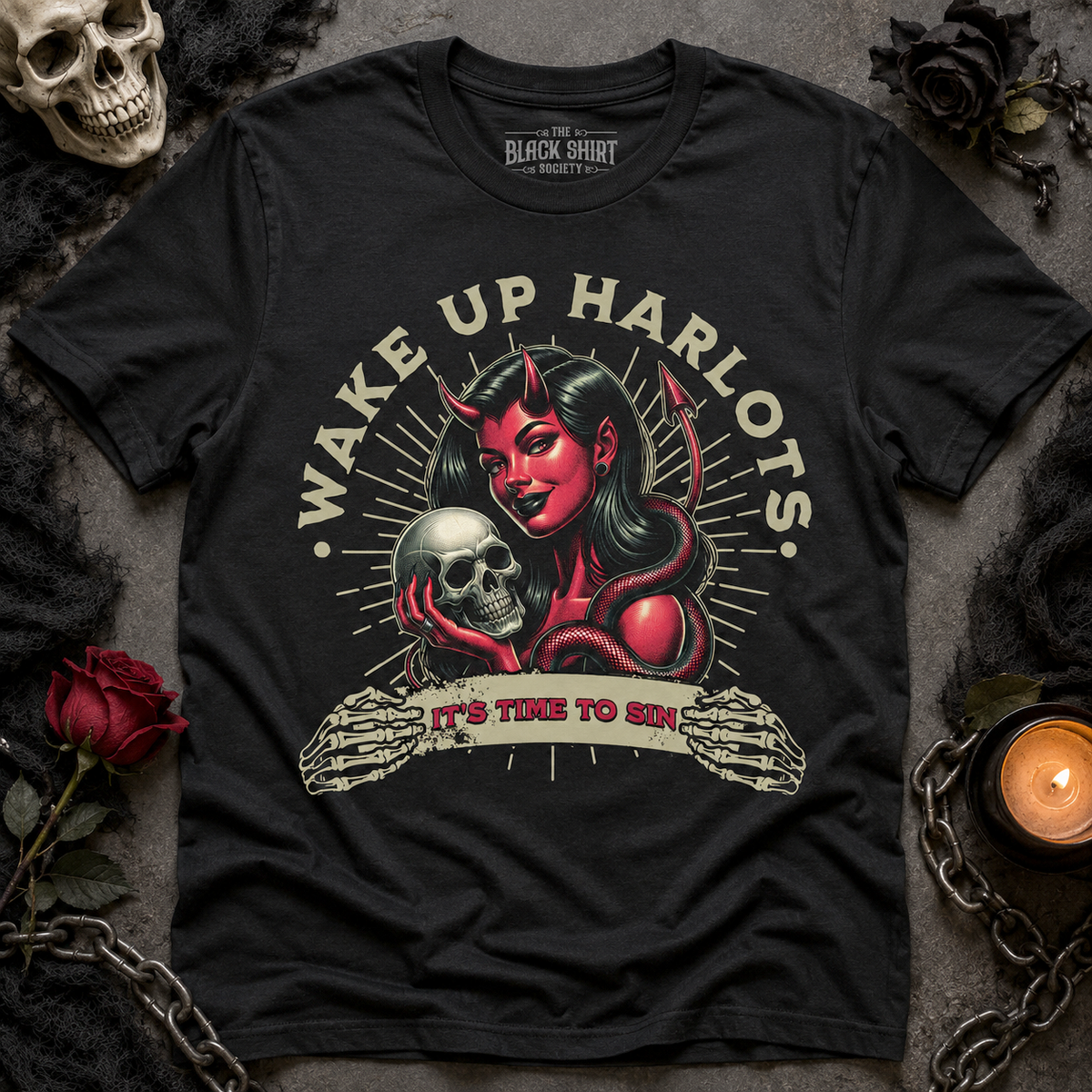 Gothic Devil Girl Skull T-Shirt, Pin Up Dark Humor Tee, Alternative Streetwear Apparel