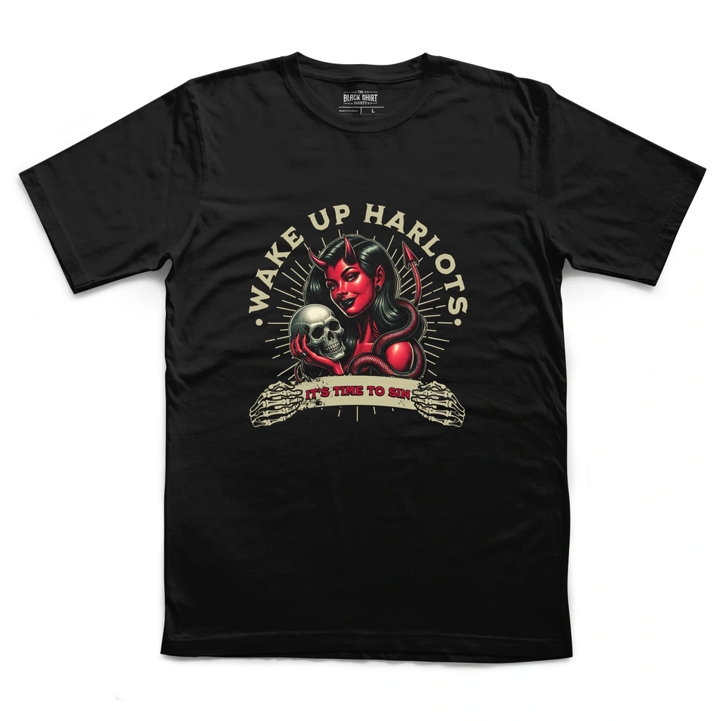 Gothic Devil Girl Skull T-Shirt, Pin Up Dark Humor Tee, Alternative Streetwear Apparel