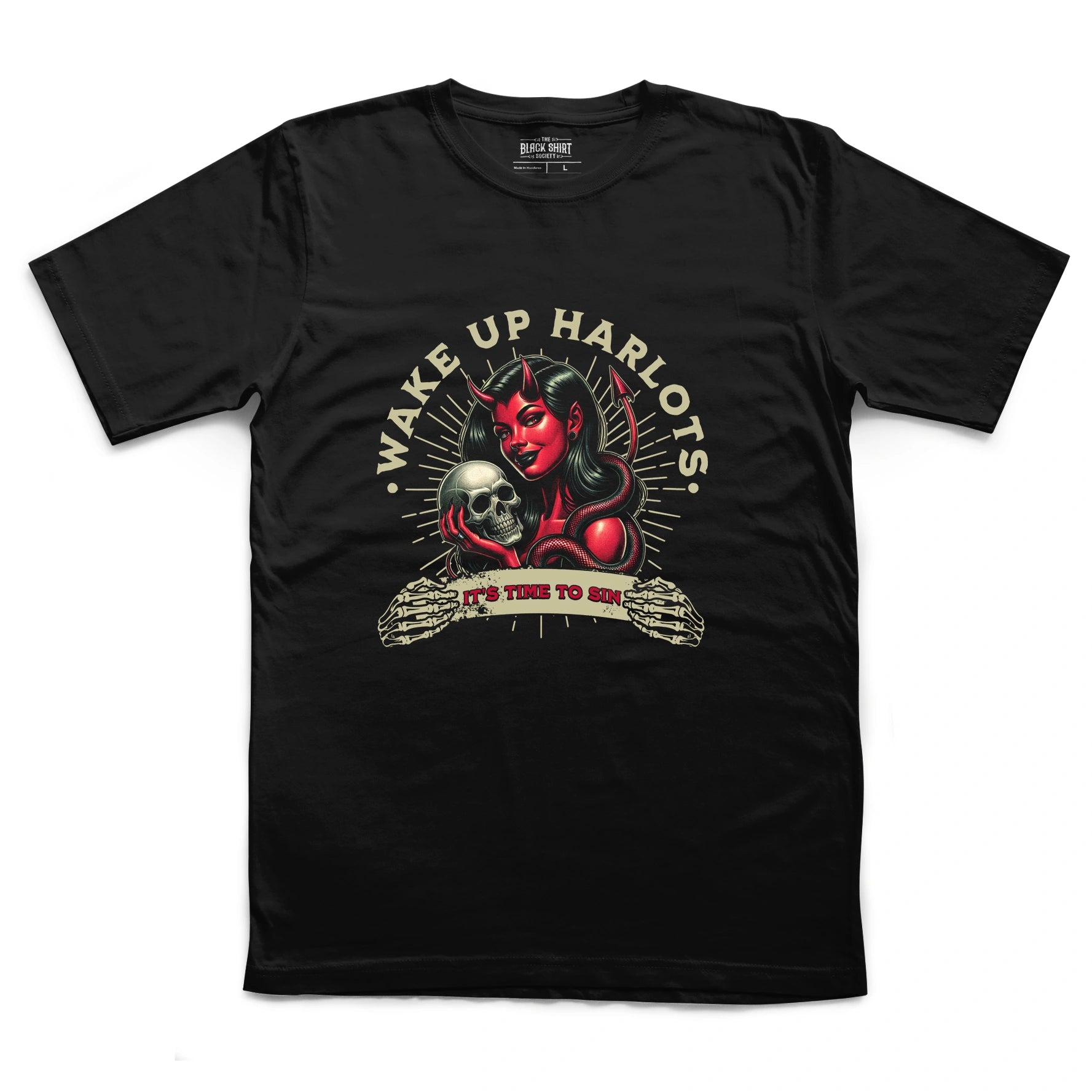 Gothic Devil Girl Skull T-Shirt, Pin Up Dark Humor Tee, Alternative Streetwear Apparel