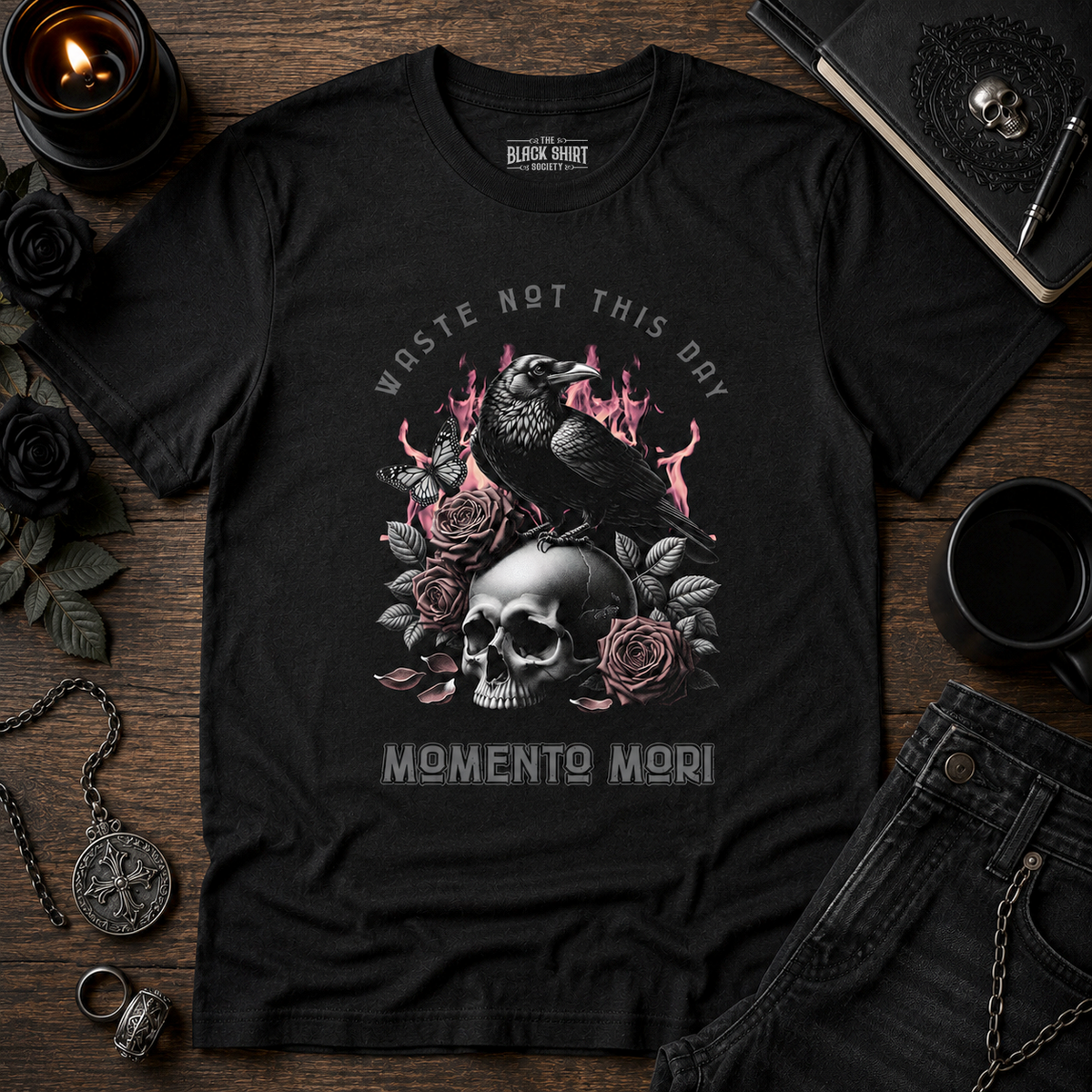 Waste Not This Day Memento Mori Raven T-Shirt, Gothic Skull Crow Tee, Dark Academia Shirt, Gothic Rose Graphic Tee