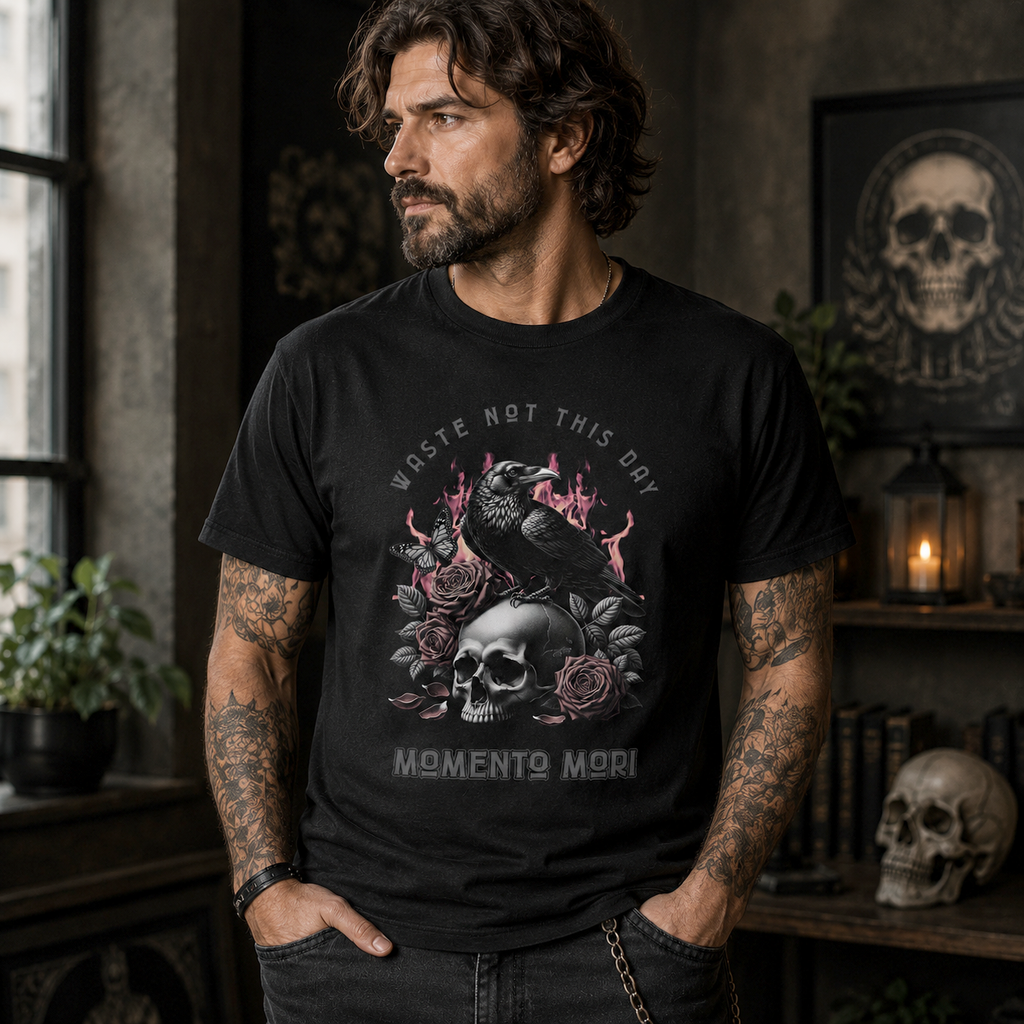 Waste Not This Day Memento Mori Raven T-Shirt, Gothic Skull Crow Tee, Dark Academia Shirt, Gothic Rose Graphic Tee