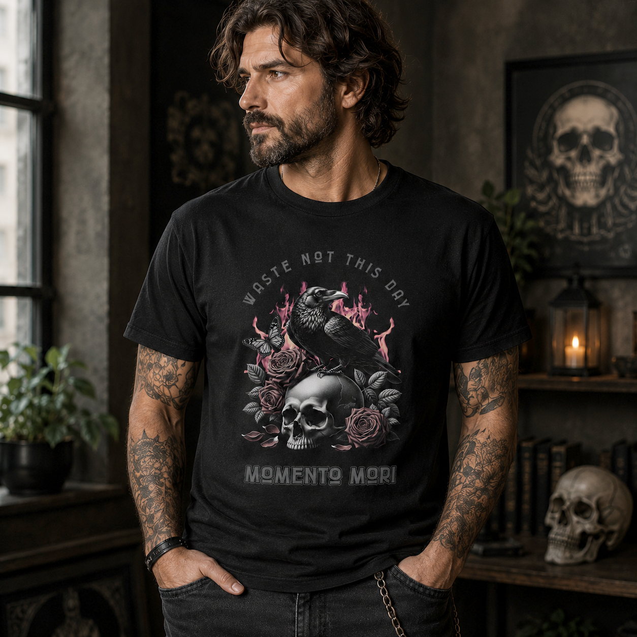 Waste Not This Day Memento Mori Raven T-Shirt, Gothic Skull Crow Tee, Dark Academia Shirt, Gothic Rose Graphic Tee