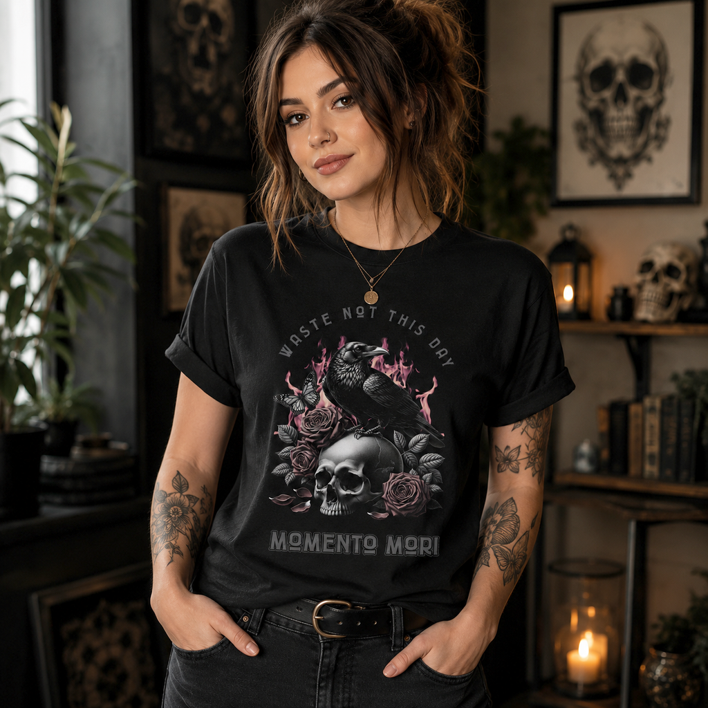 Waste Not This Day Memento Mori Raven T-Shirt, Gothic Skull Crow Tee, Dark Academia Shirt, Gothic Rose Graphic Tee