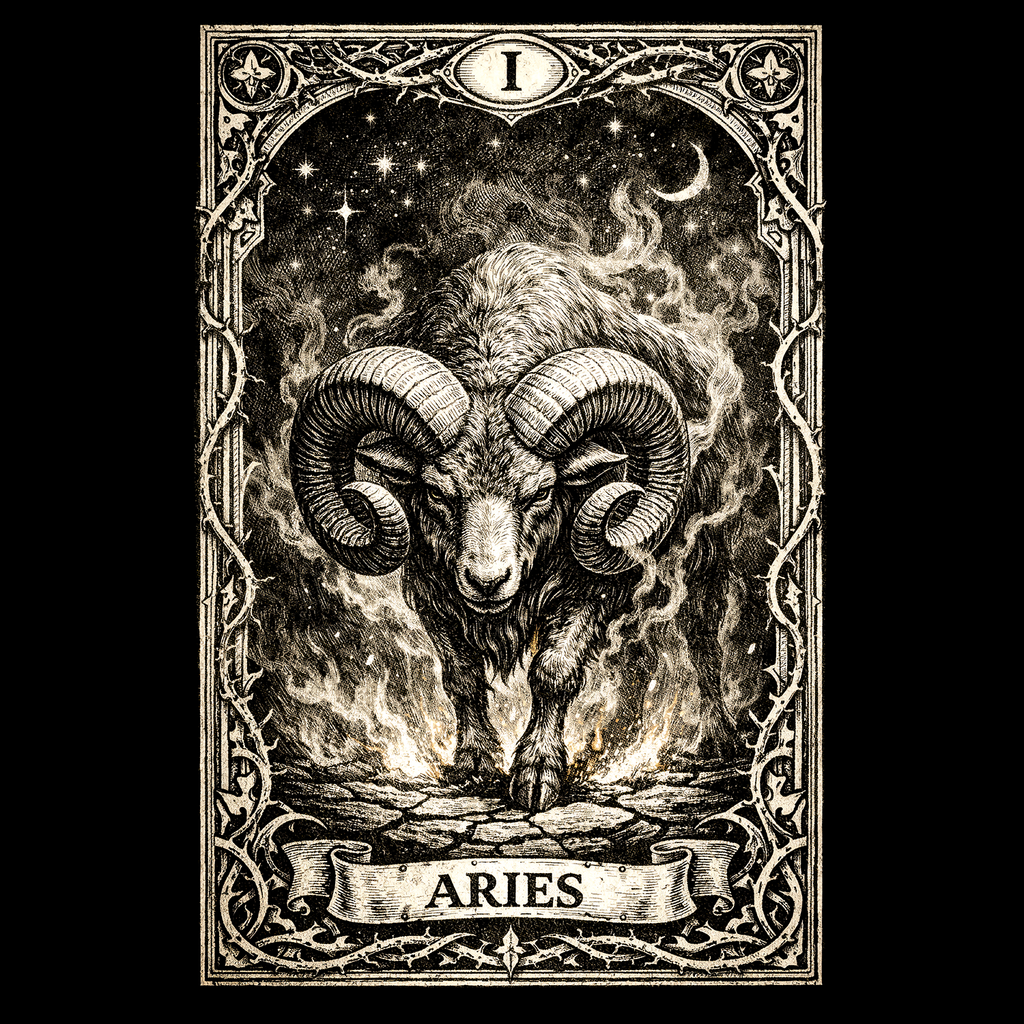 Aries Tarot Card T-Shirt, Vintage Ram Zodiac Astrology Tee, Gothic Horoscope Apparel
