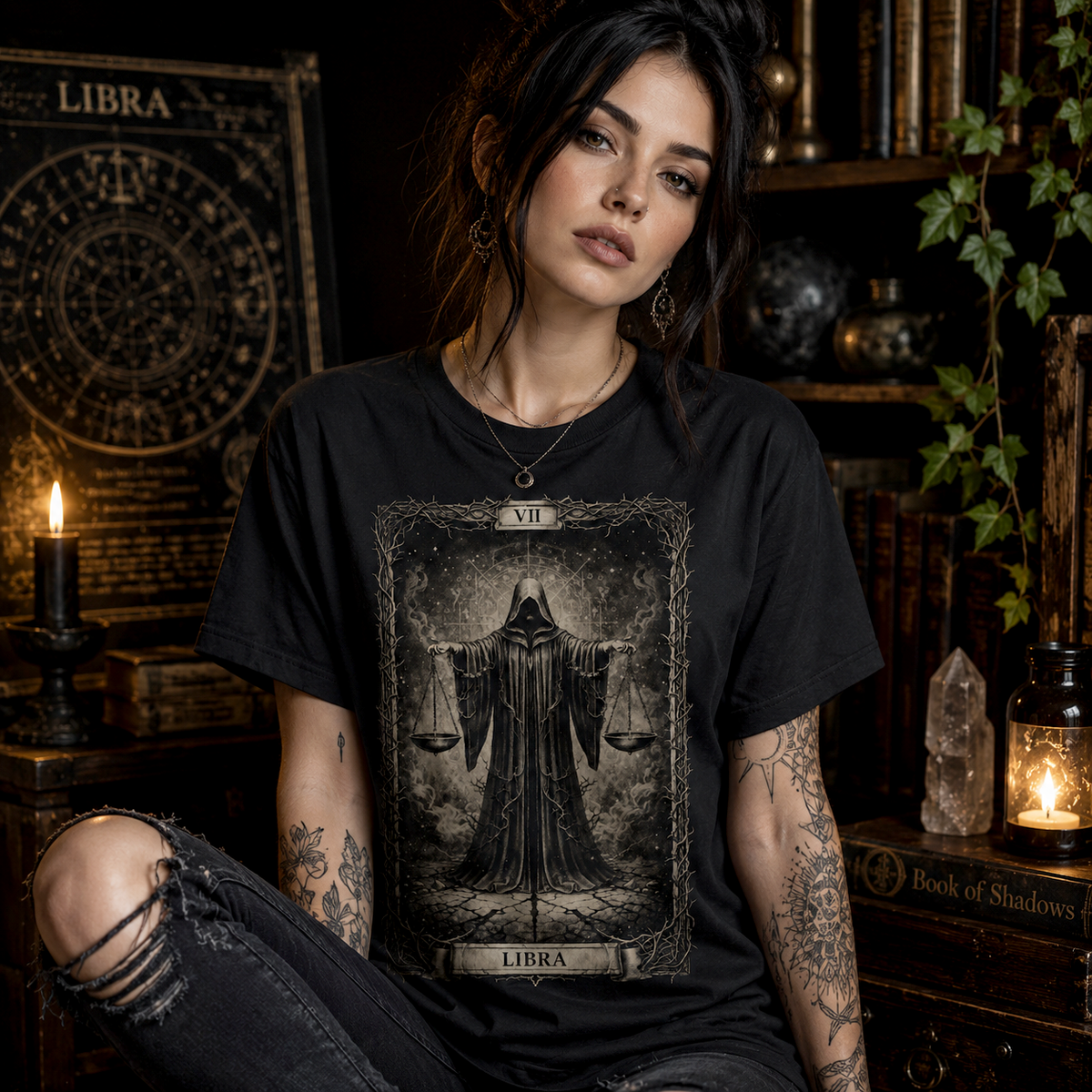 Libra Tarot Card T-Shirt, Gothic Astrology Scales Graphic Tee, Mystic Celestial Shirt
