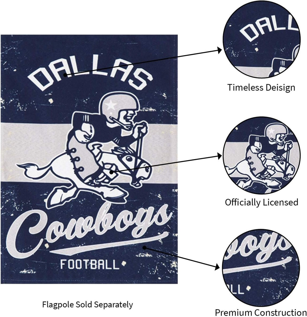 Dallas Cowboys Premium Double Sided Garden Flag Banner, Vintage Style, 13x18 Inch, Display Pole Sold Separately