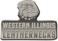 Western Illinois University Leathernecks Solid Metal Auto Emblem, Antique Nickel Finish, Raised, Die Cut, 3.5 Inch, Adhesive Tape Backing