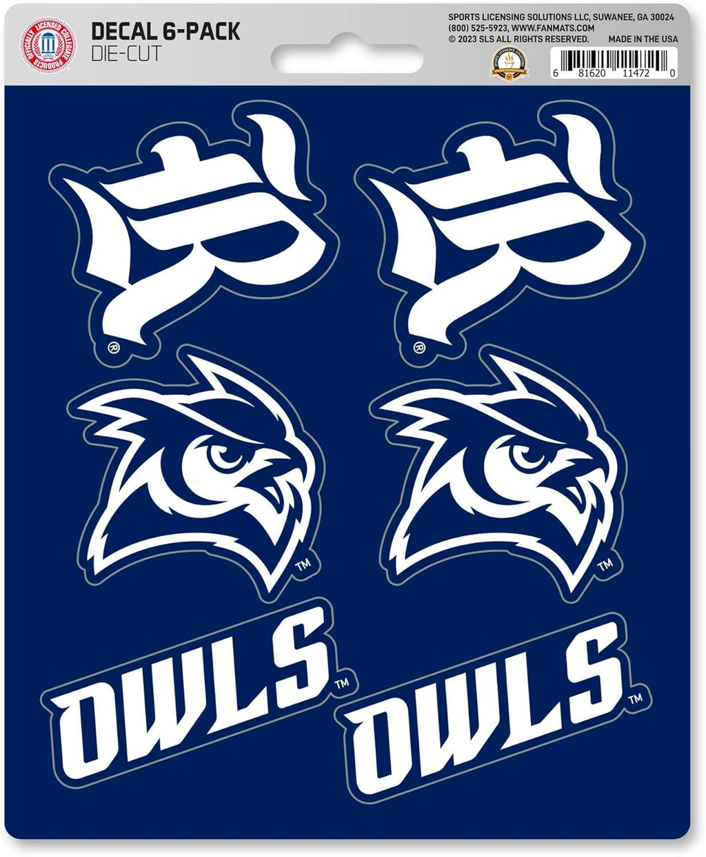 Rice University Owls 6-Piece Decal Sticker Set, 5x6 Inch Sheet, Gift for football fans for any hard surfaces around home, automotive, personal items