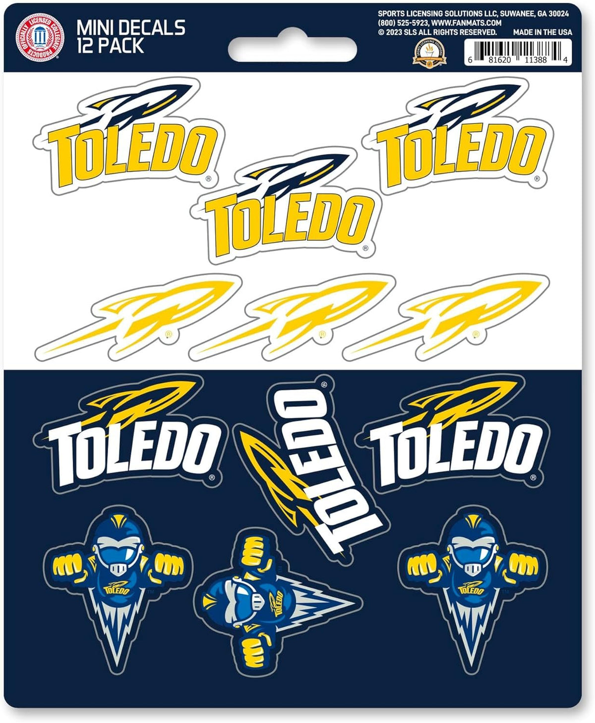 University of Toledo Rockets 12-Piece Mini Decal Sticker Set, 5x6 Inch Sheet, Gift for football fans for any hard surfaces around home, automotive, personal items
