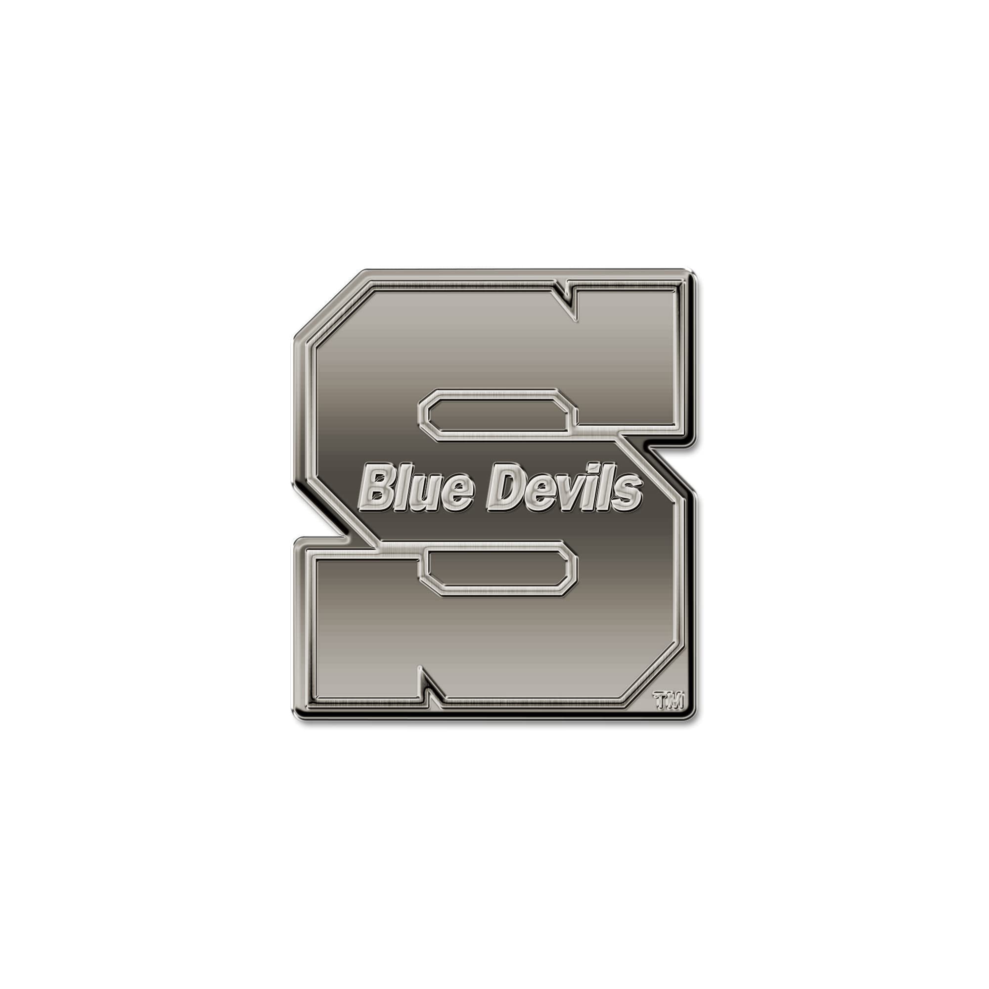 University of Wisconsin Stout Blue Devils Solid Metal Auto Emblem, Antique Nickel Finish, Raised, Die Cut, 3.5 Inch, Adhesive Tape Backing