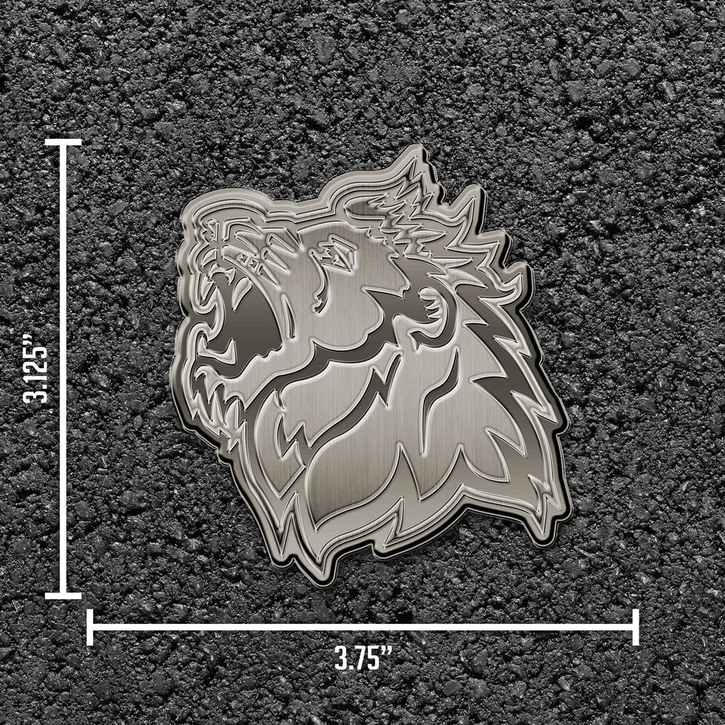 Missouri Southern State University Lions Solid Metal Auto Emblem, Antique Nickel Finish, Raised, Die Cut, 3.5 Inch, Adhesive Tape Backing