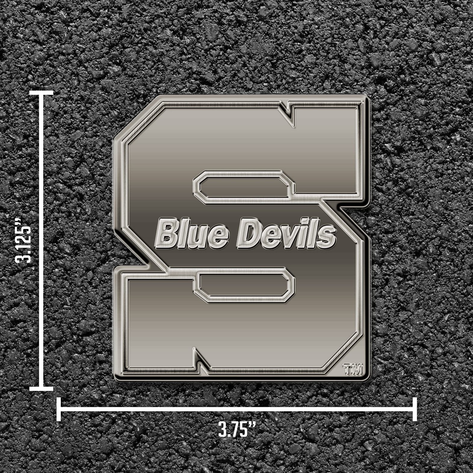 University of Wisconsin Stout Blue Devils Solid Metal Auto Emblem, Antique Nickel Finish, Raised, Die Cut, 3.5 Inch, Adhesive Tape Backing